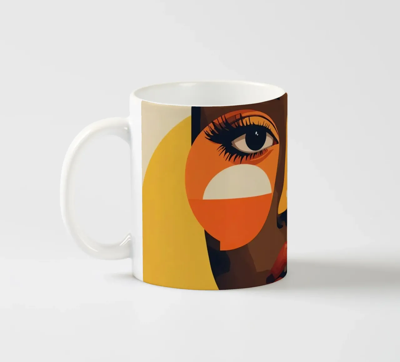 Woman's Portrait with Split Skin Tone and Geometric Shapes ceramic mug by DesignDoodle