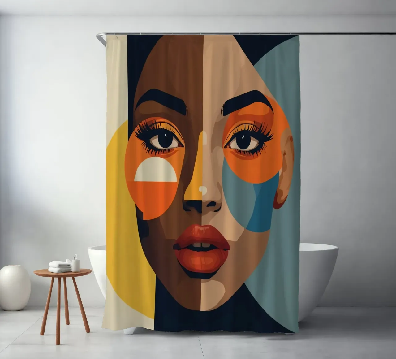 Woman's Portrait with Split Skin Tone and Geometric Shapes shower curtain by DesignDoodle