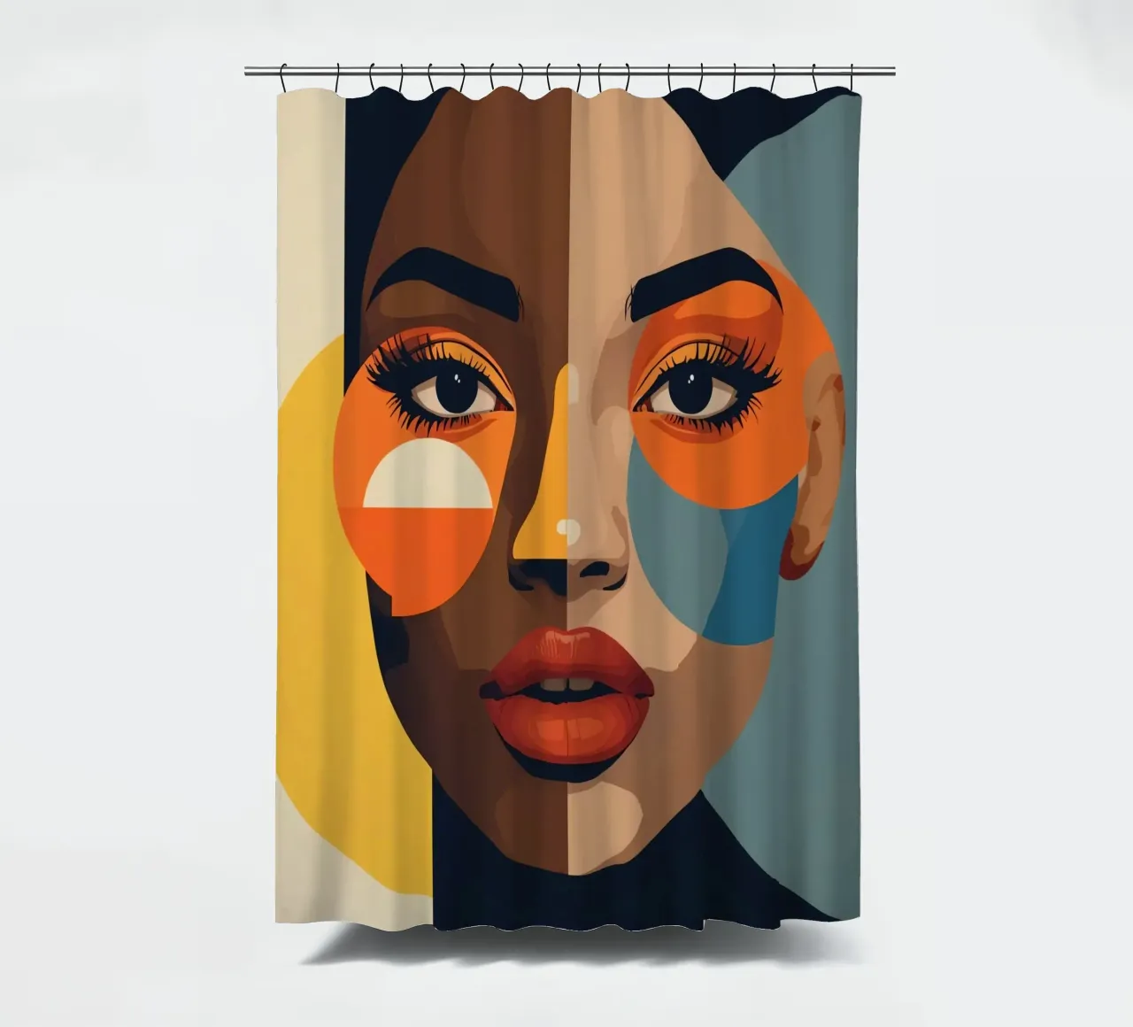 Woman's Portrait with Split Skin Tone and Geometric Shapes shower curtain by DesignDoodle