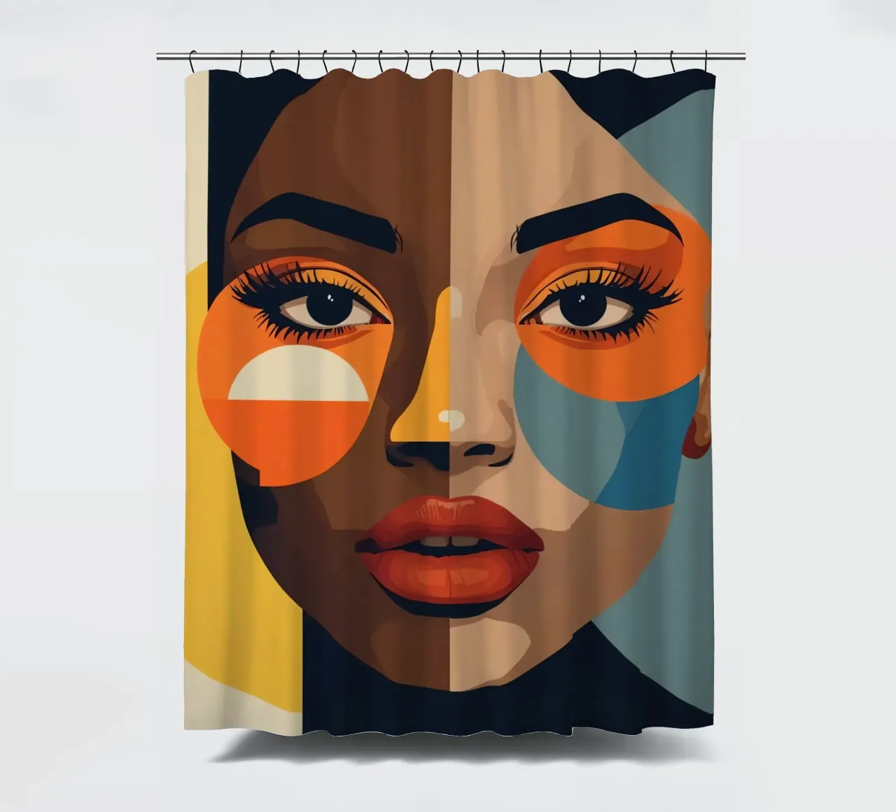 Woman's Portrait with Split Skin Tone and Geometric Shapes shower curtain by DesignDoodle