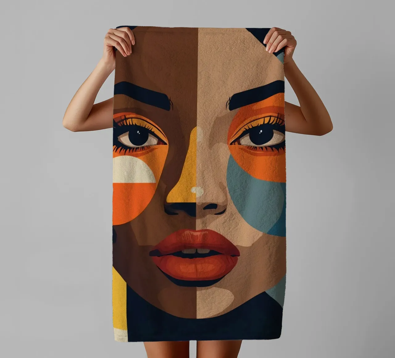 Woman's Portrait with Split Skin Tone and Geometric Shapes towel by DesignDoodle