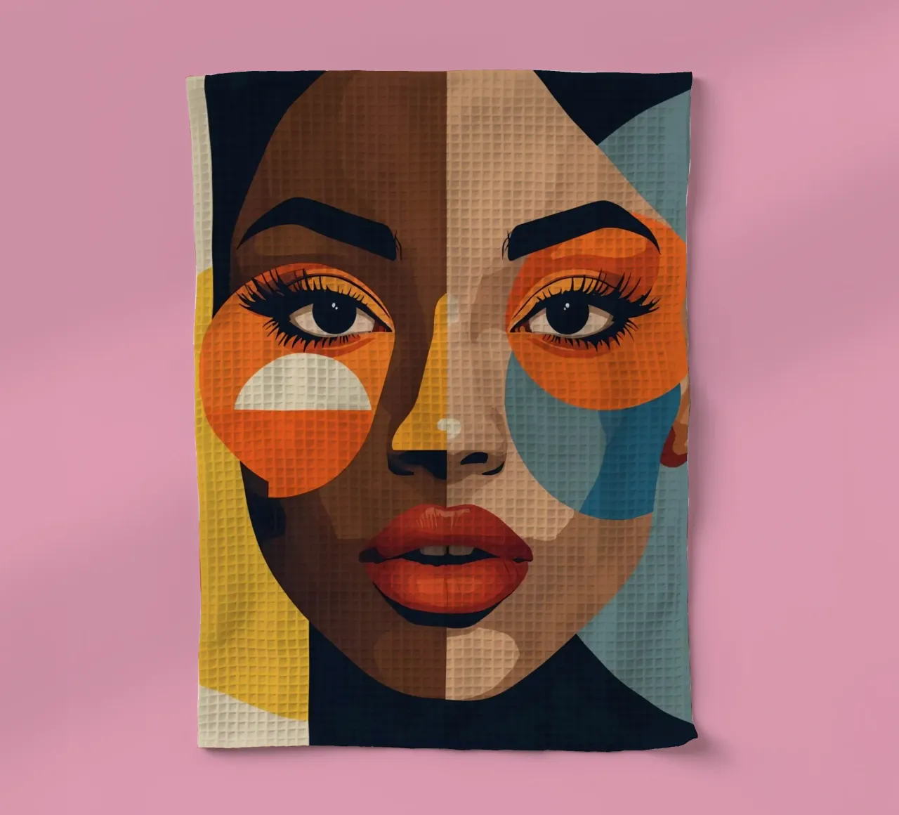 Woman's Portrait with Split Skin Tone and Geometric Shapes tea towel by DesignDoodle