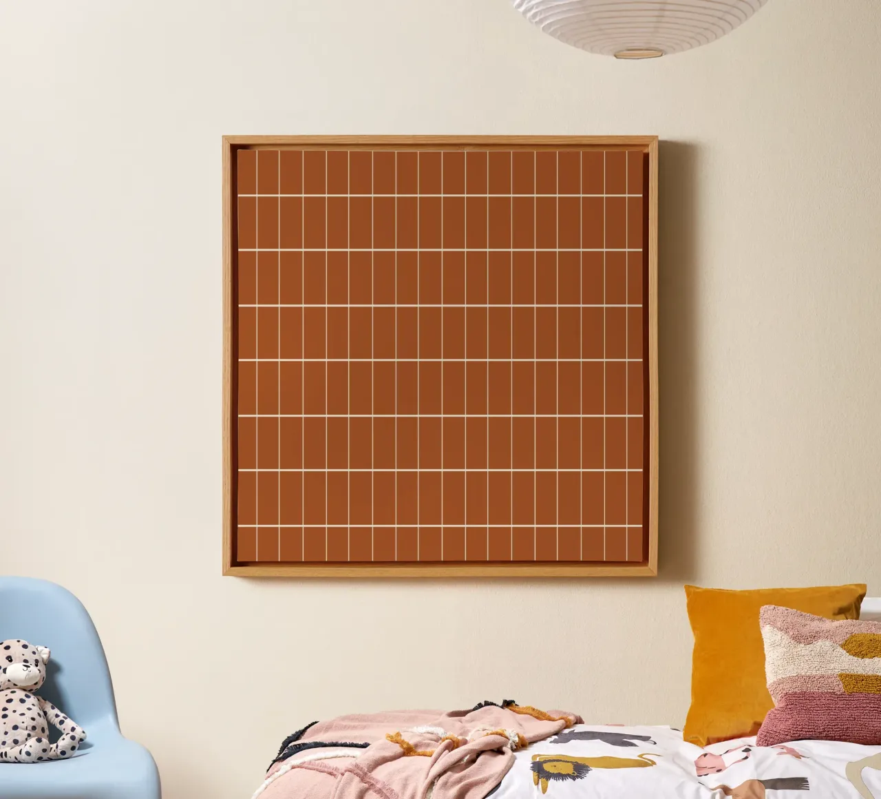 Geometrisch raster bruin canvas met Baklijst van Little Dean