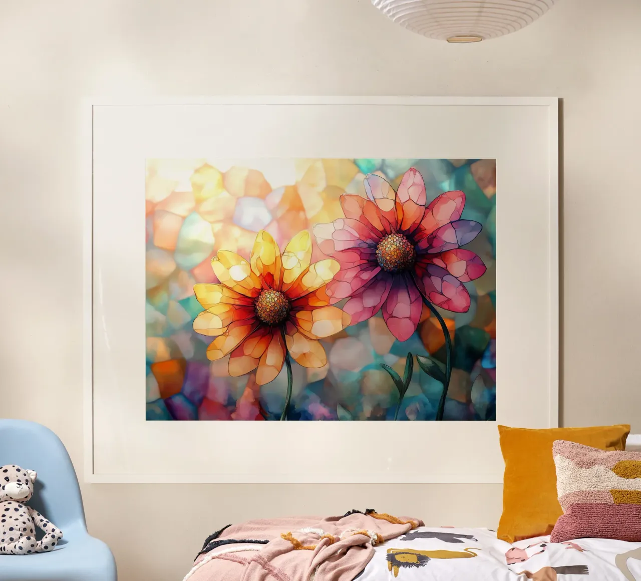 Vetro colorato con fiori poster con telaio in alluminio da Théïa's Fantasia World