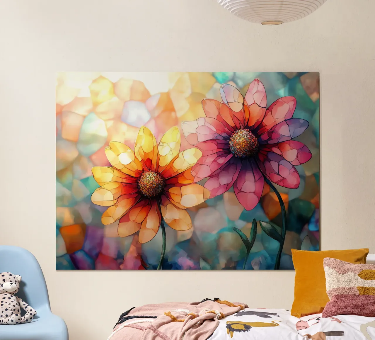 Vetro colorato con fiori poster con telaio in alluminio da Théïa's Fantasia World
