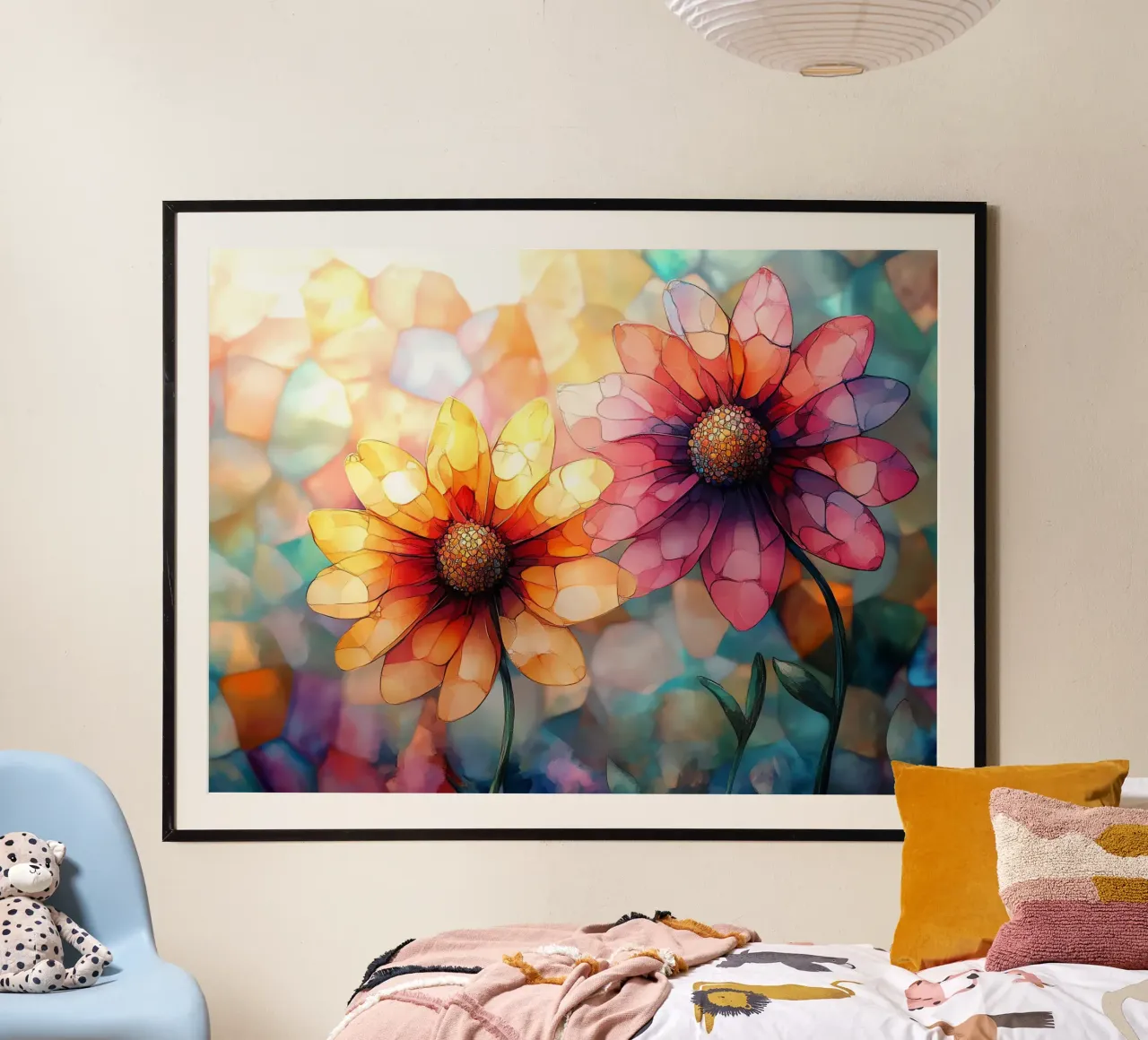 Vetro colorato con fiori poster con telaio in alluminio da Théïa's Fantasia World
