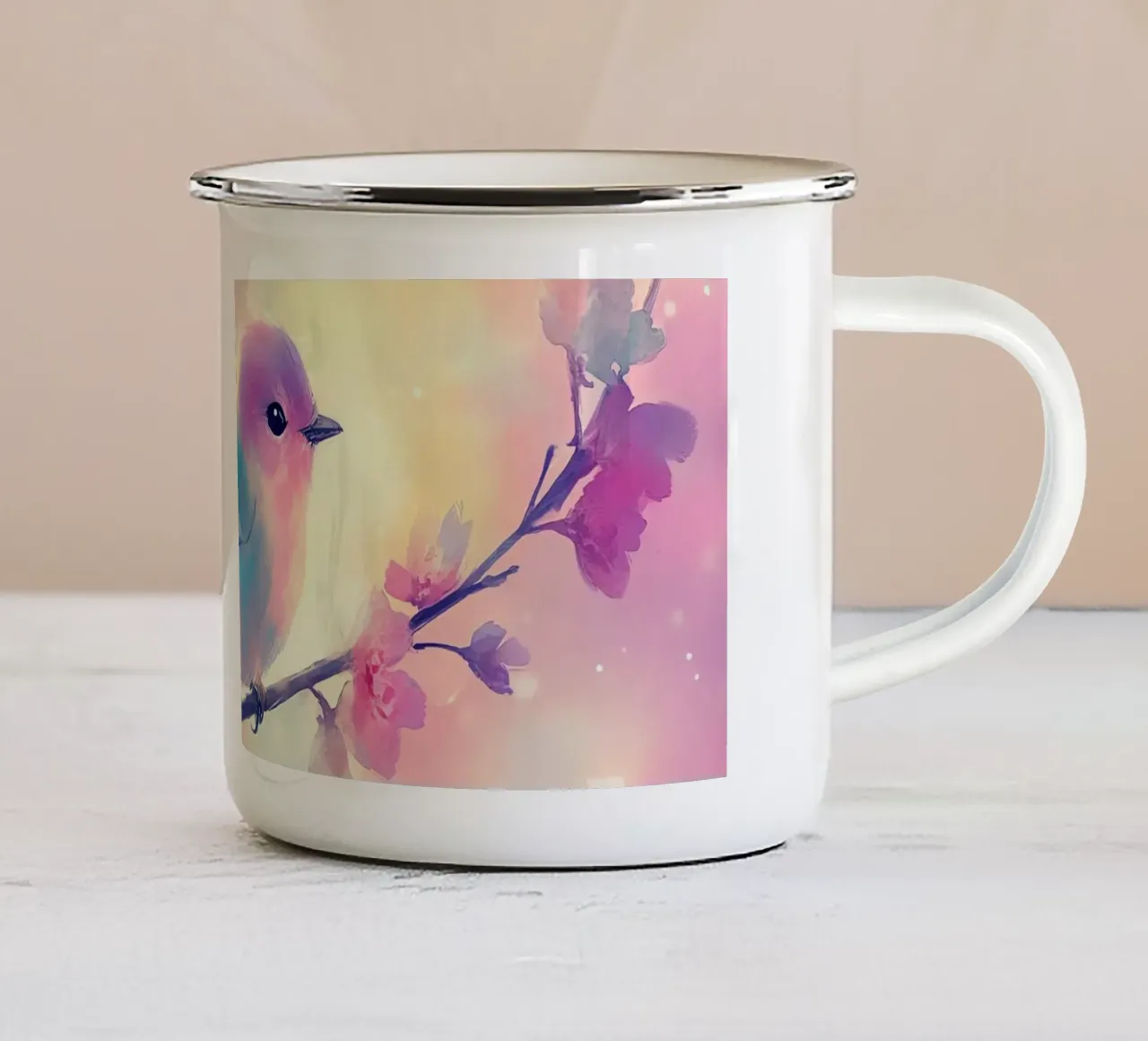L'uccello, messaggero dell'alba tazza in smalto da Théïa's Fantasia World