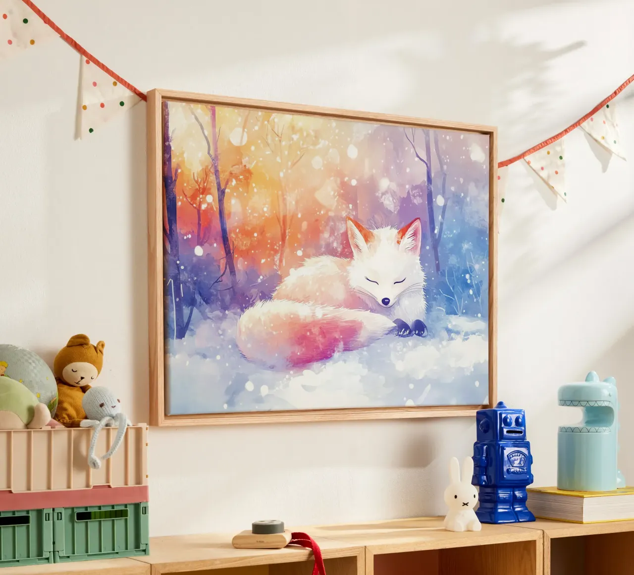 Winterschlaf des kleinen Fuchses Leinwand mit Schattenfugenrahmen von Théïa's Fantasia World