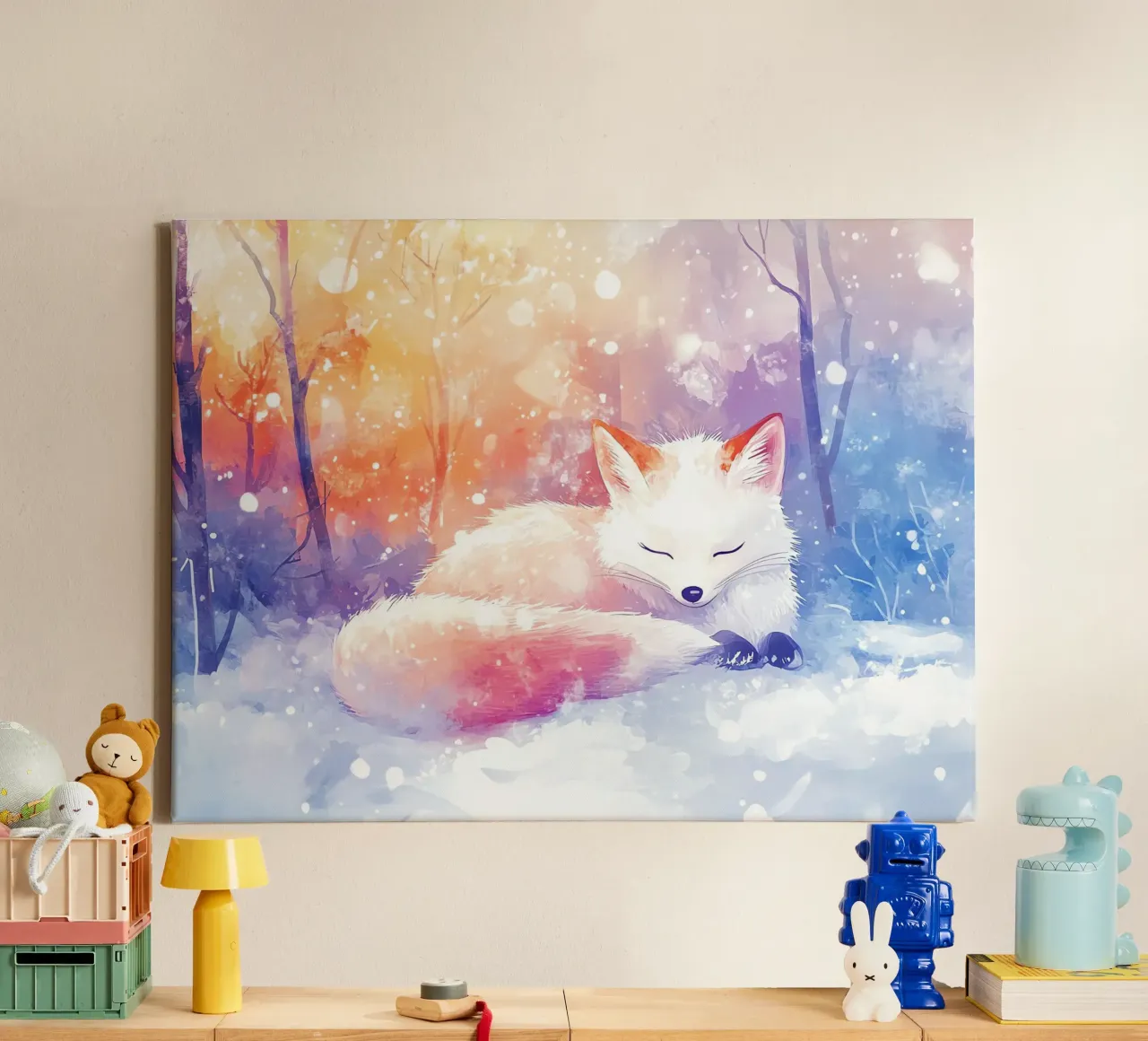 Winterschlaf des kleinen Fuchses Leinwand mit Schattenfugenrahmen von Théïa's Fantasia World