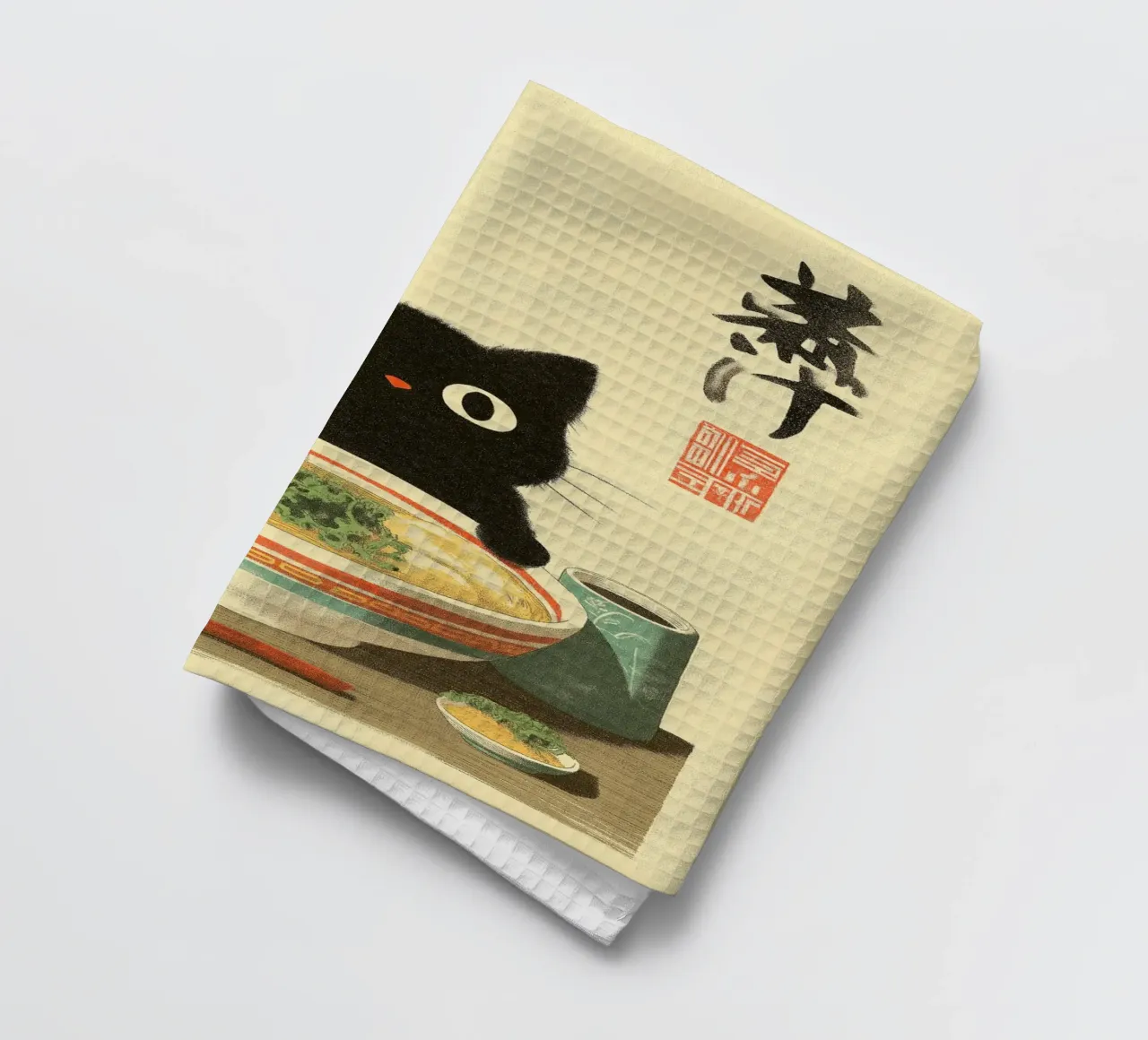 Chat noir kawaii mangeant des ramen avec une baguette torchon de Fleur de Lys