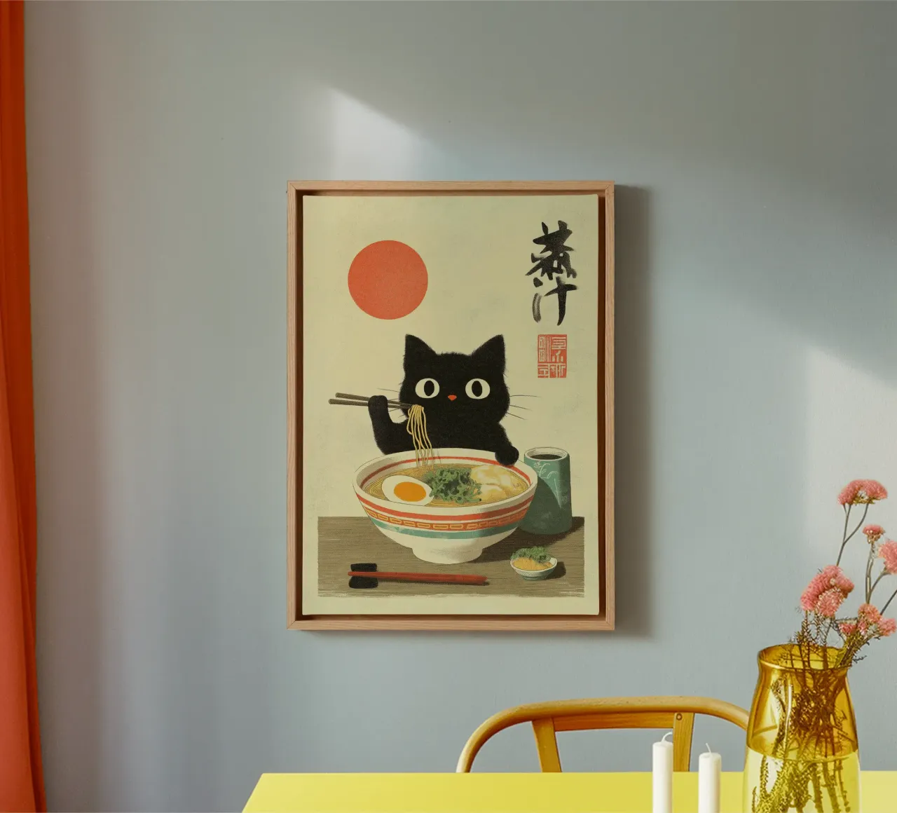 Kawaii zwarte kat die Ramen eet met eetstokje canvas met Baklijst van Fleur de Lys