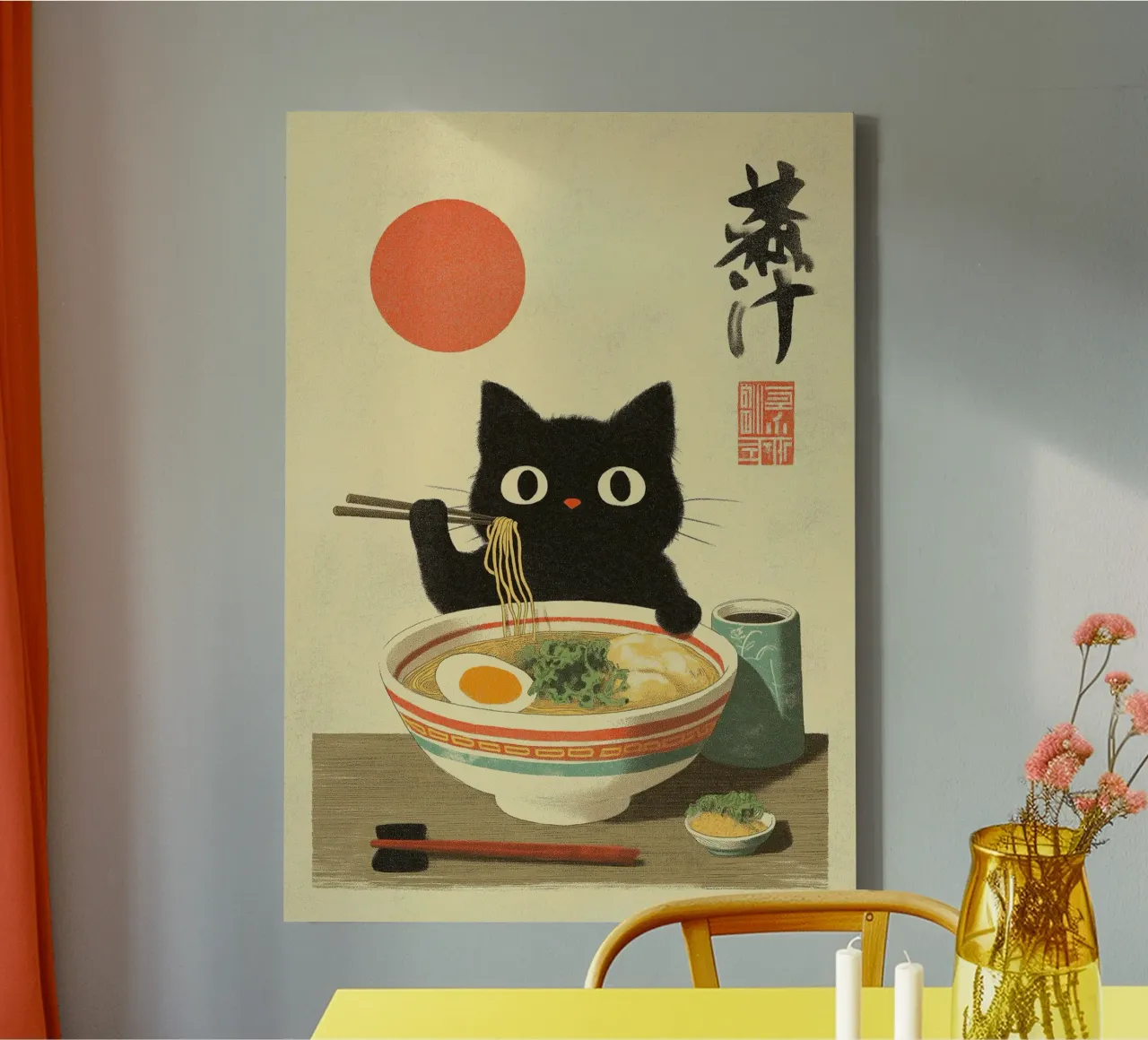 Kawaii zwarte kat die Ramen eet met eetstokje canvas met Baklijst van Fleur de Lys