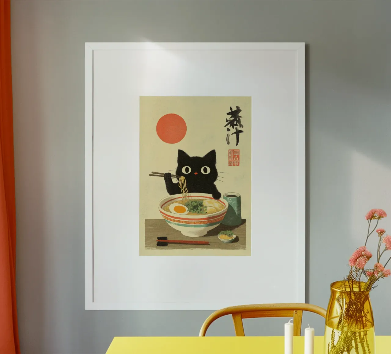 Chat noir kawaii mangeant des ramen avec une baguette poster avec cadre en plastique de Fleur de Lys