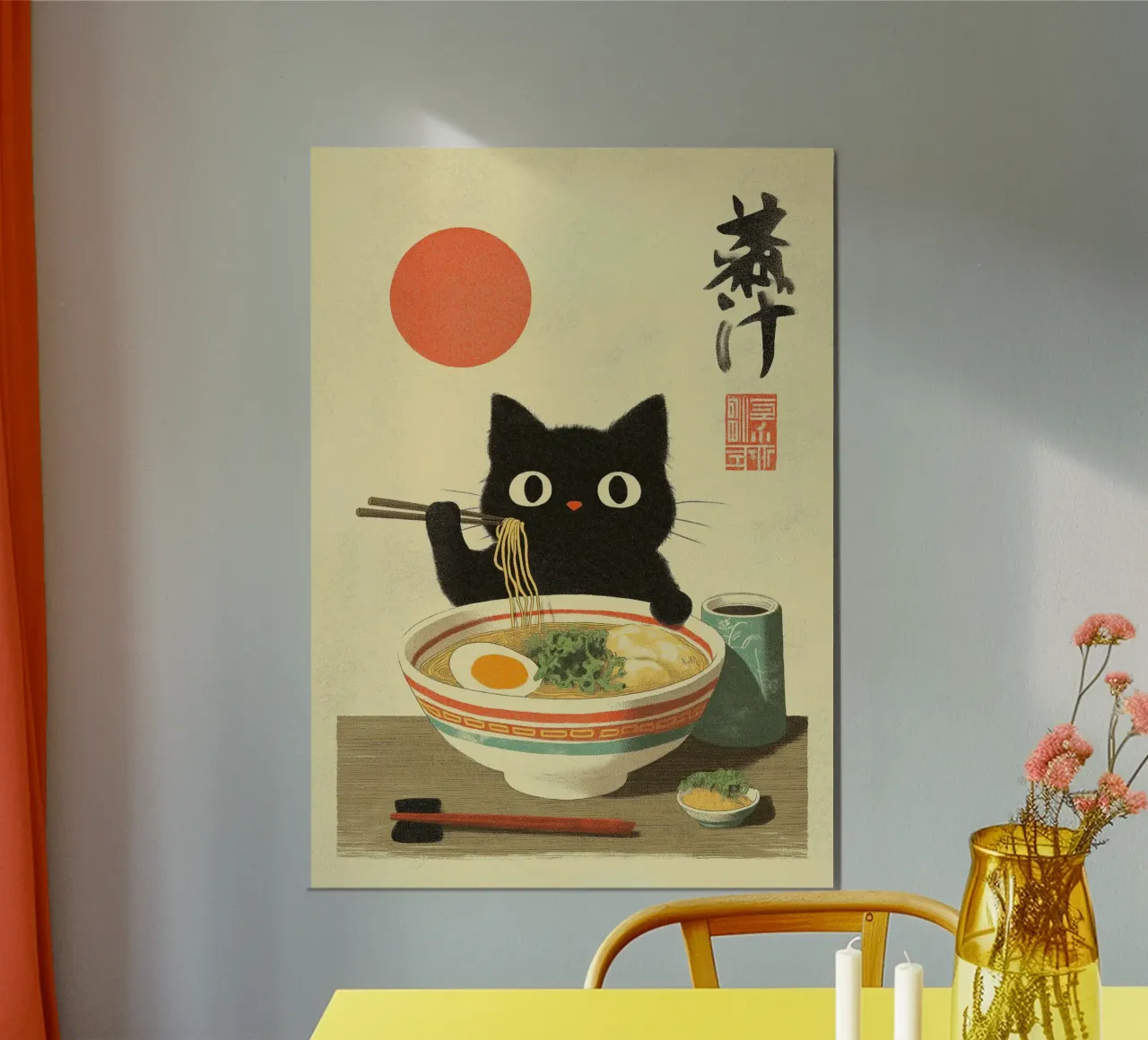 Chat noir kawaii mangeant des ramen avec une baguette poster avec cadre en plastique de Fleur de Lys