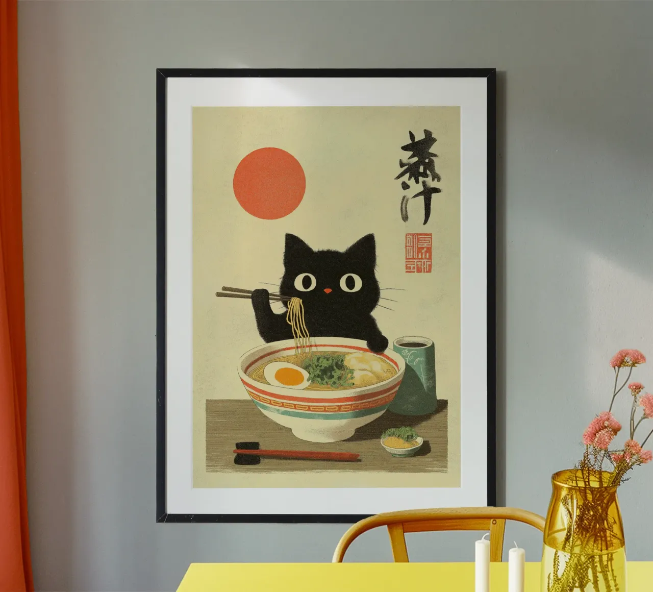 Chat noir kawaii mangeant des ramen avec une baguette poster avec cadre en plastique de Fleur de Lys