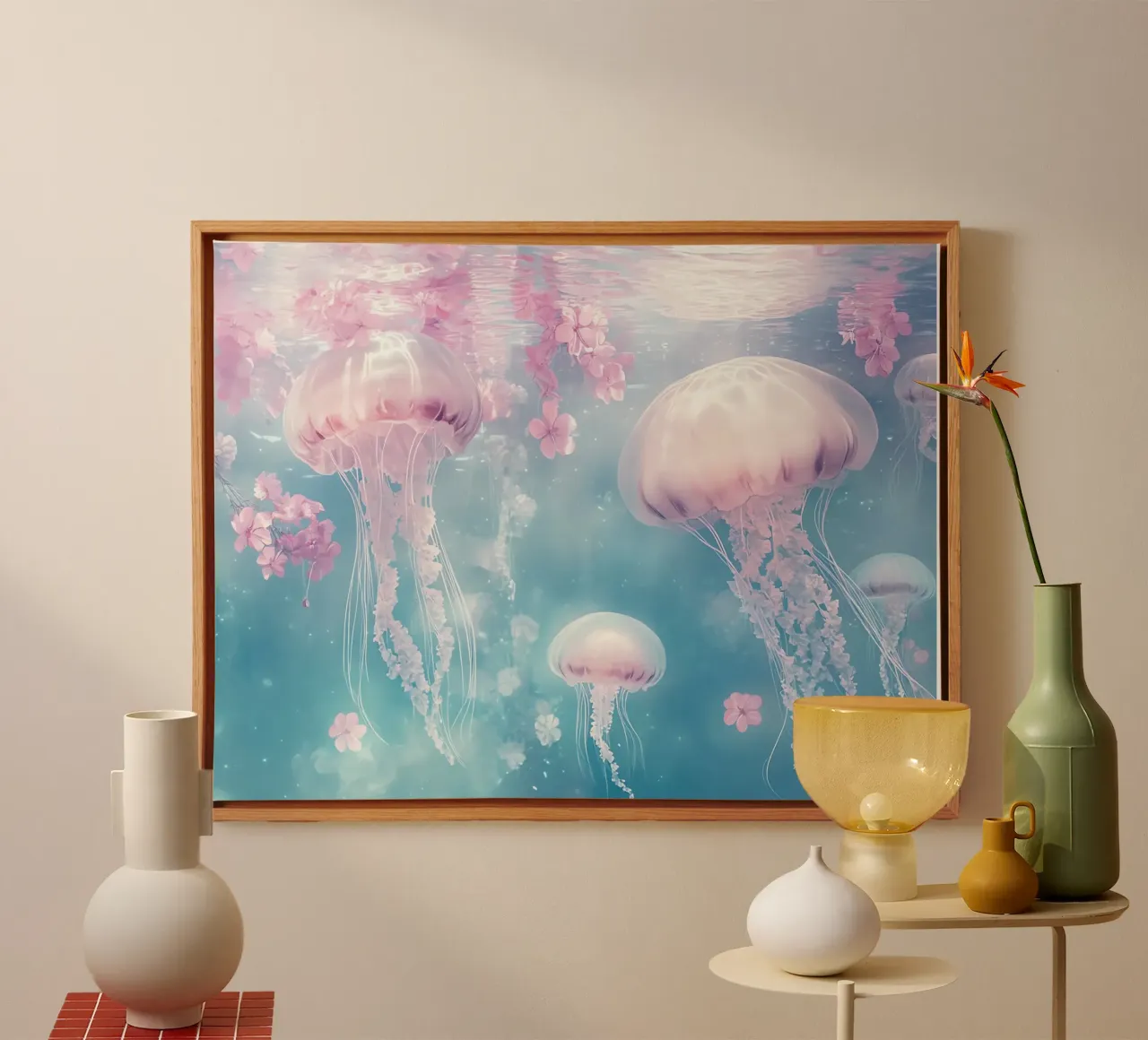 Unter Wasser träumen Quallen und Blumen Leinwand mit Schattenfugenrahmen von Théïa's Fantasia World