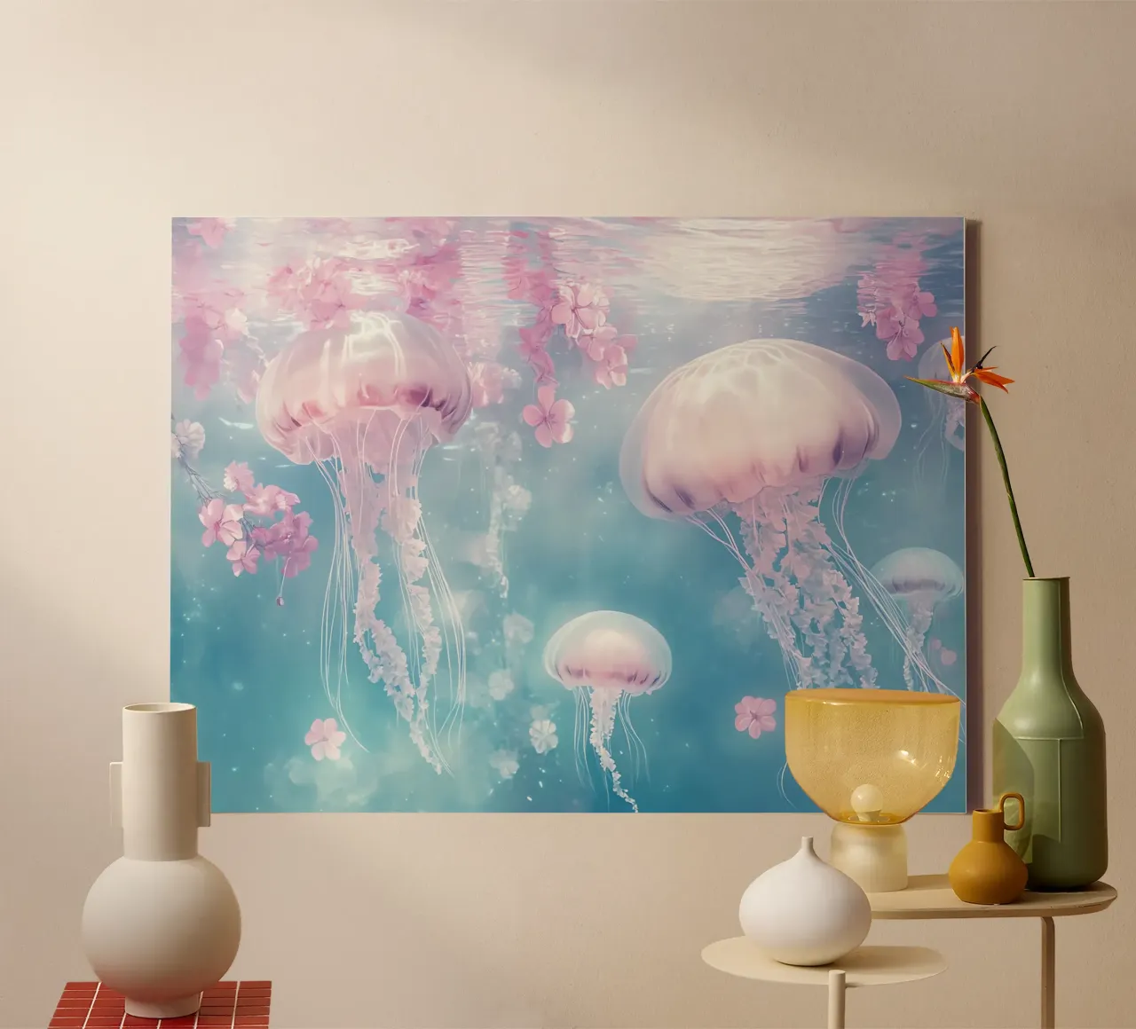 Unter Wasser träumen Quallen und Blumen Leinwand mit Schattenfugenrahmen von Théïa's Fantasia World