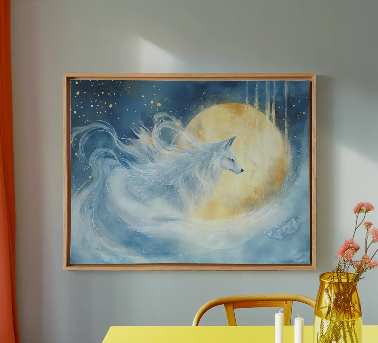 Lupo magico sotto la luna d'oro tela con Cornice a cassetta da Théïa's Fantasia World
