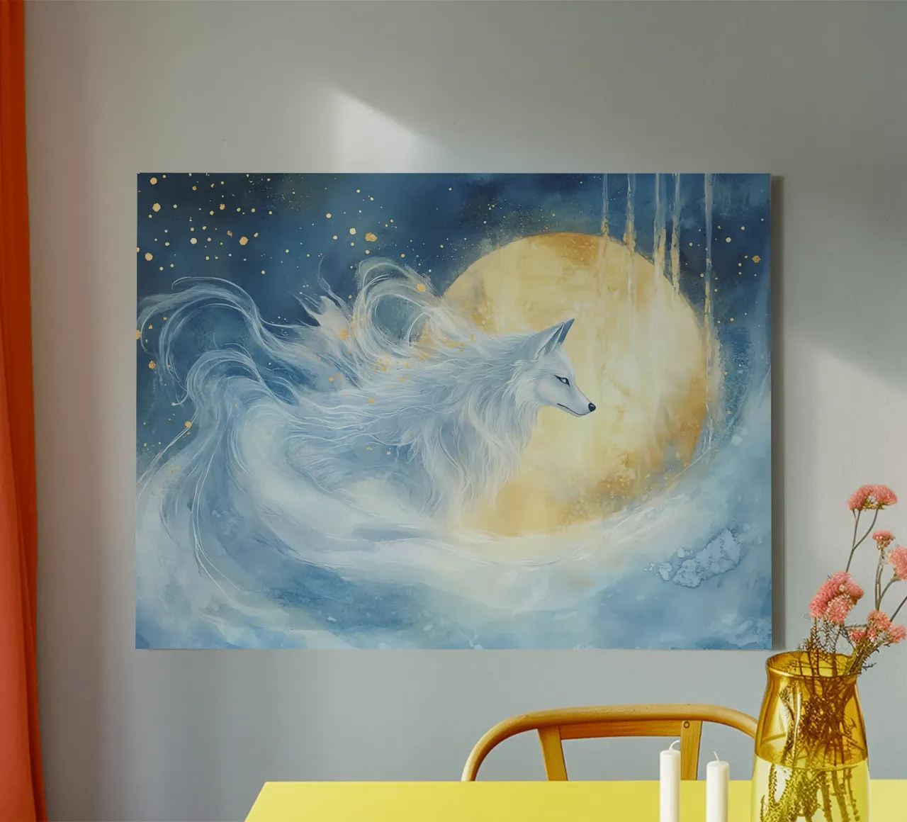 Lupo magico sotto la luna d'oro tela con Cornice a cassetta da Théïa's Fantasia World