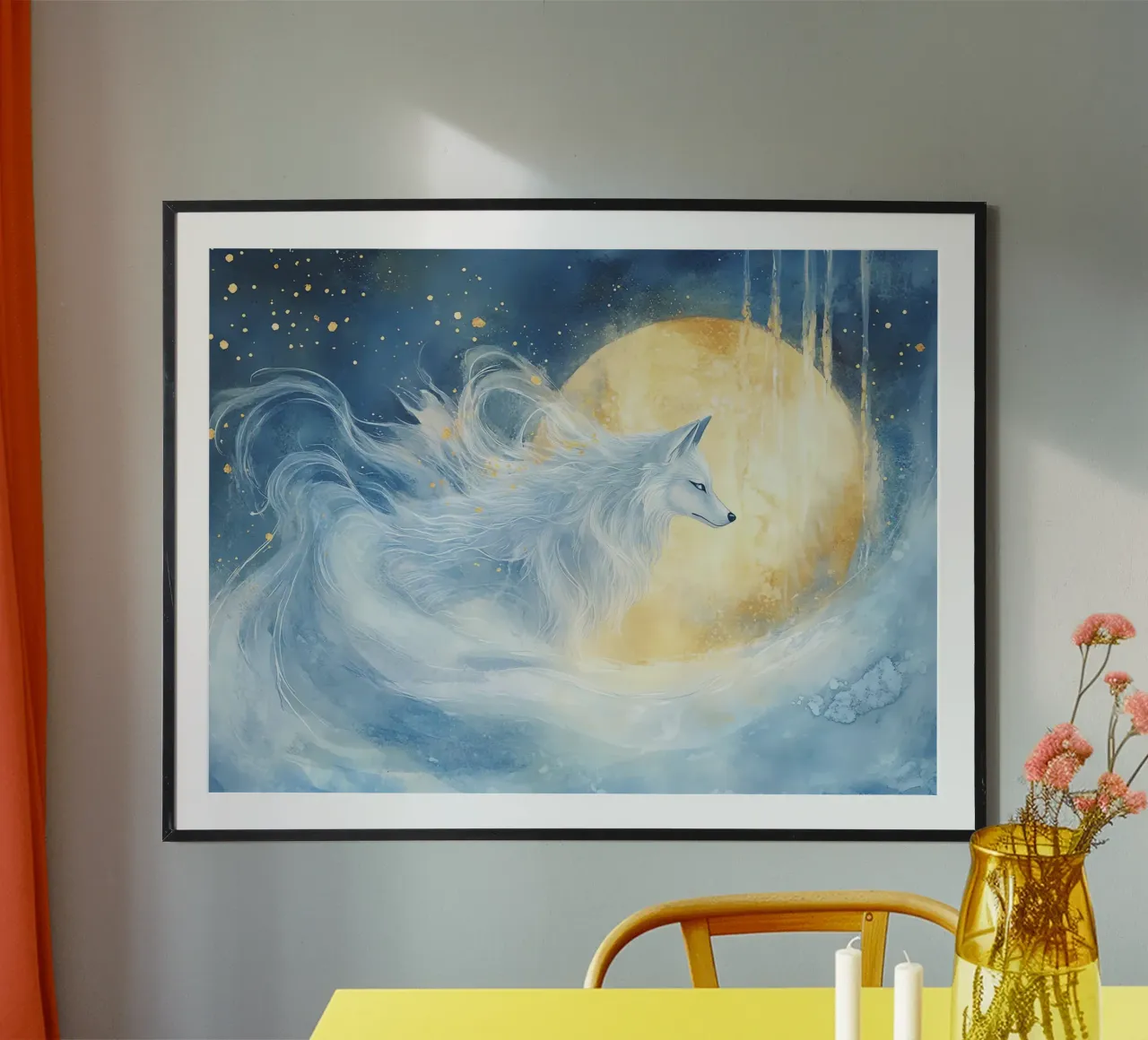 Lupo magico sotto la luna d'oro poster da Théïa's Fantasia World