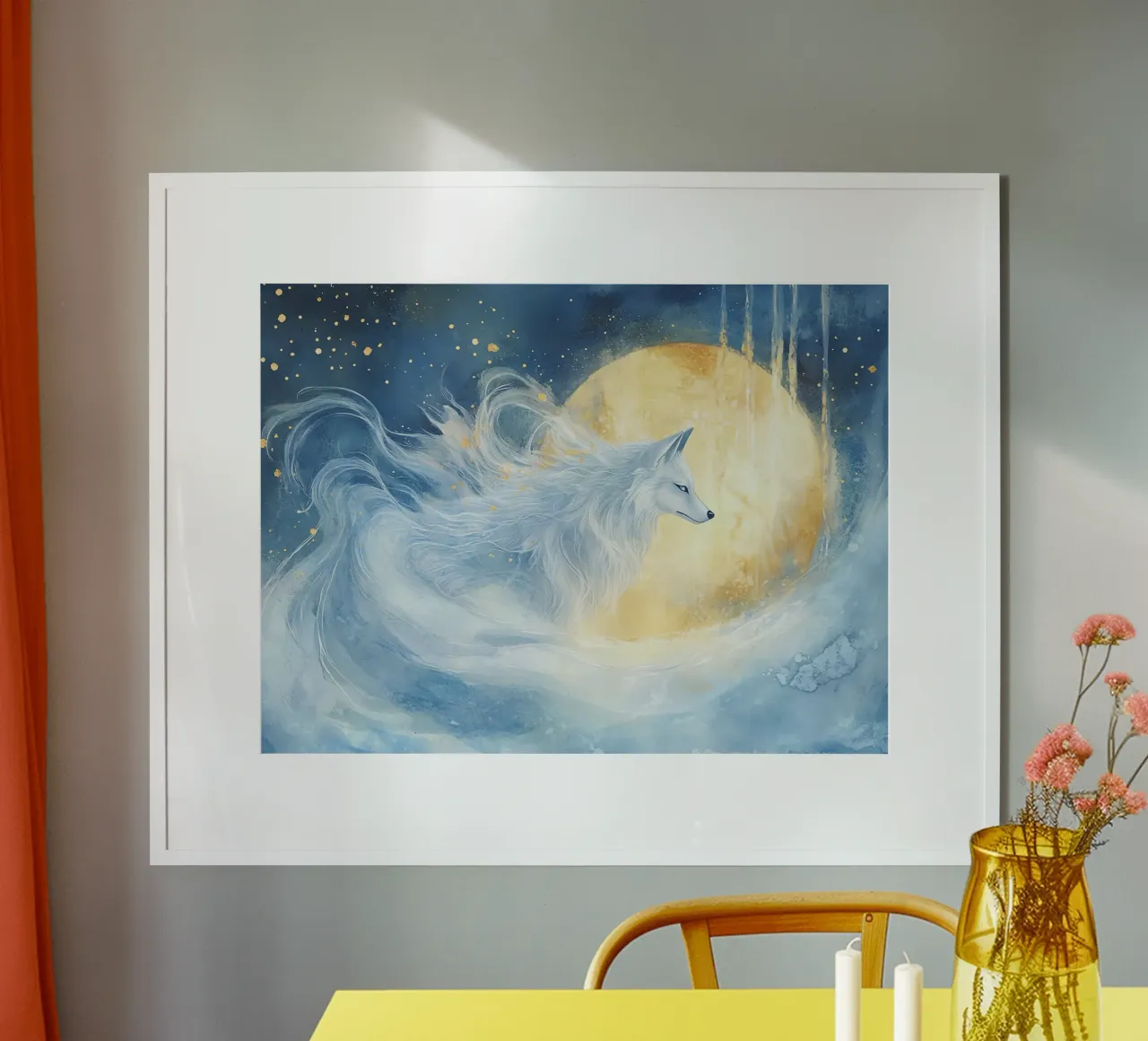 Lupo magico sotto la luna d'oro poster da Théïa's Fantasia World