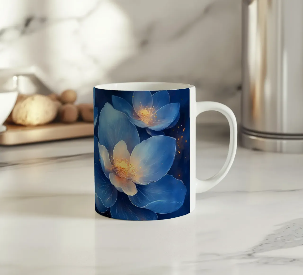 Fleurs d'Étoiles: blu e oro nella notte tazza in ceramica da Théïa's Fantasia World