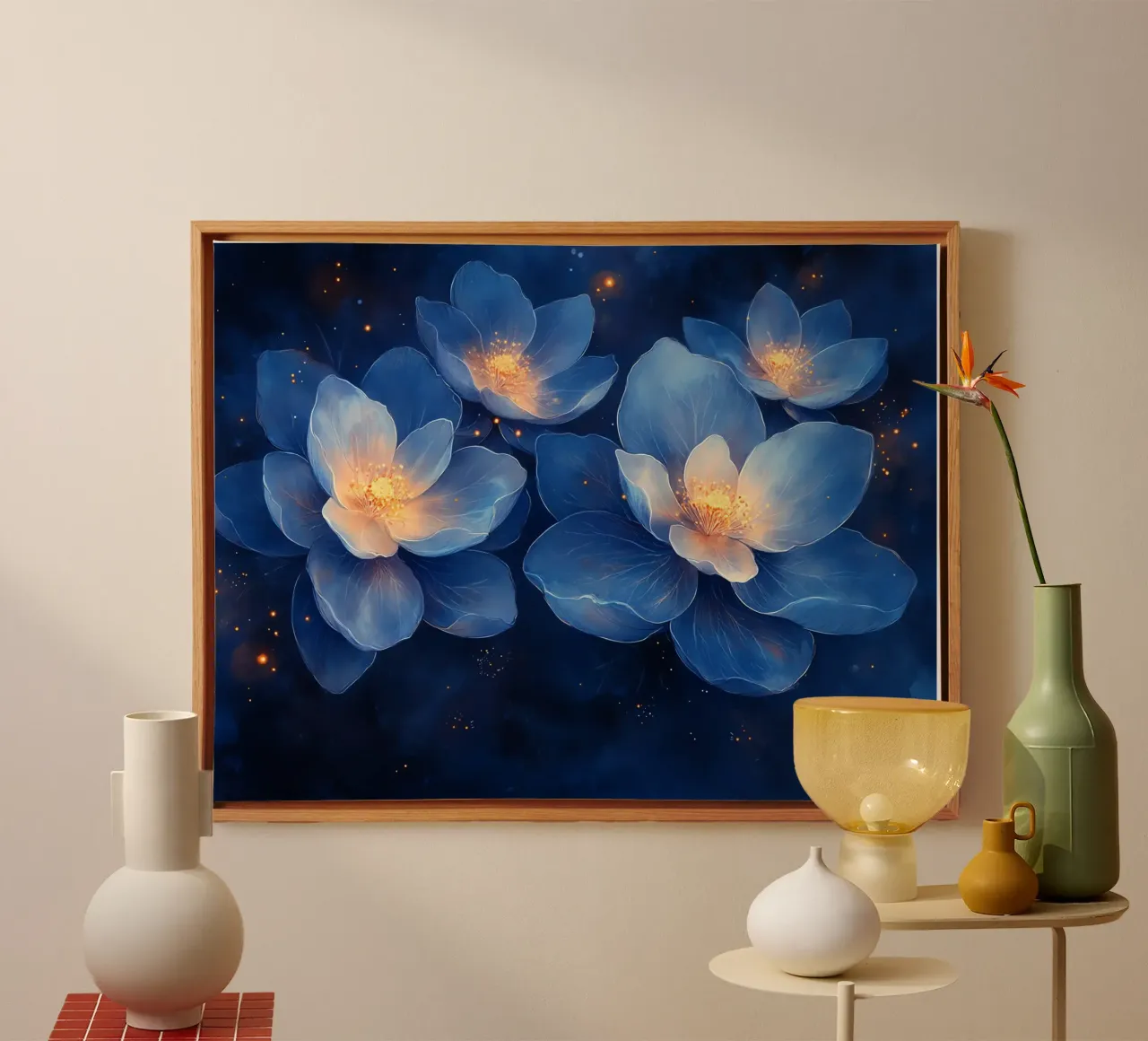 Fleurs d'Étoiles: Blauw en goud in de nacht canvas met Baklijst van Théïa's Fantasia World