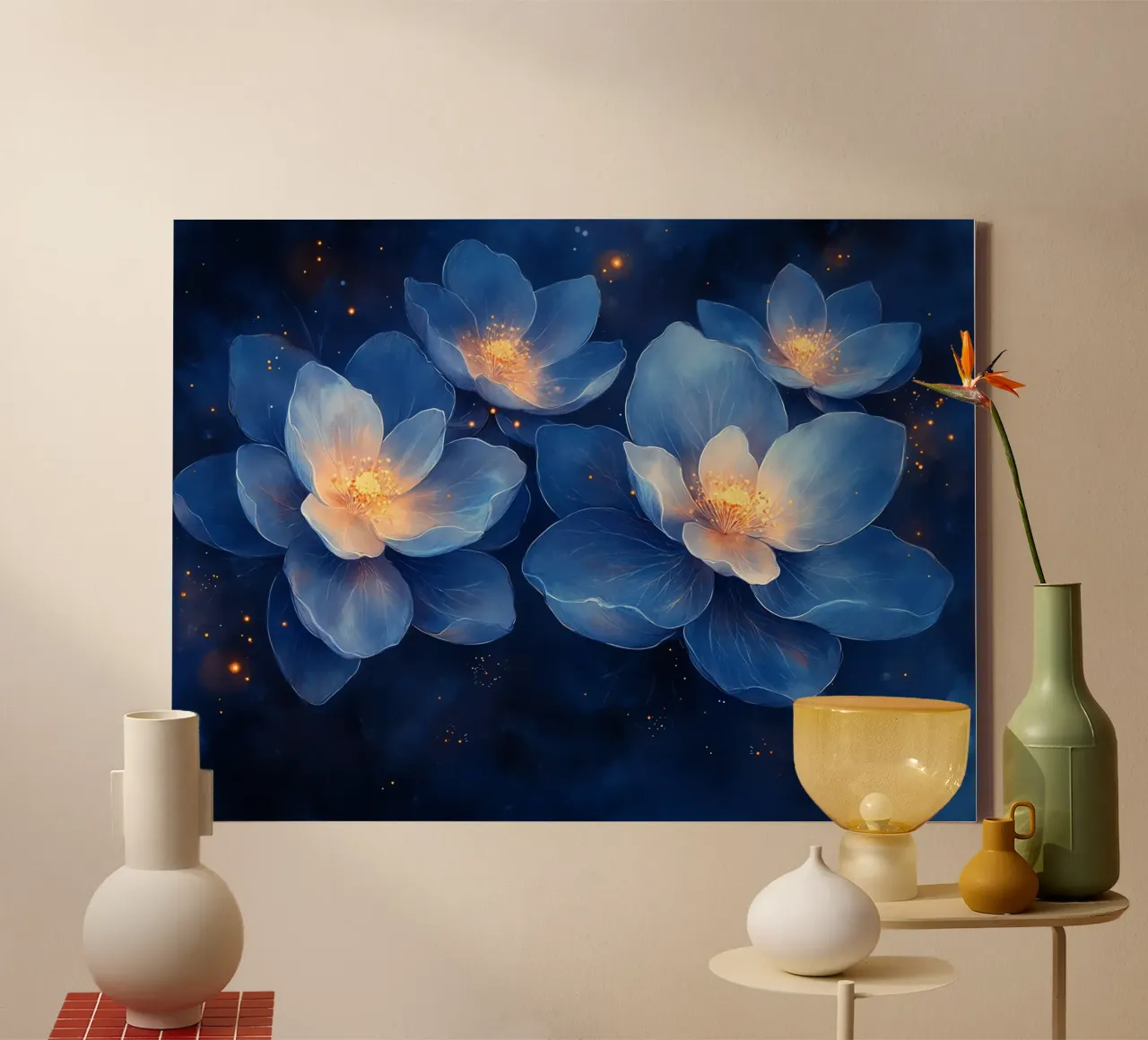 Fleurs d'Étoiles: Blauw en goud in de nacht canvas met Baklijst van Théïa's Fantasia World