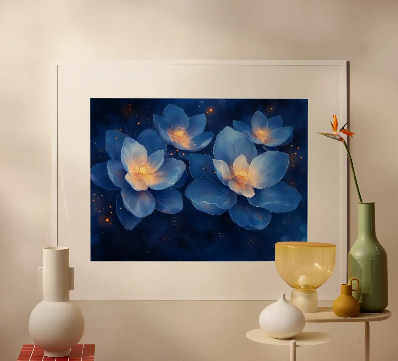 Fleurs d'Étoiles: blu e oro nella notte poster con telaio in legno da Théïa's Fantasia World