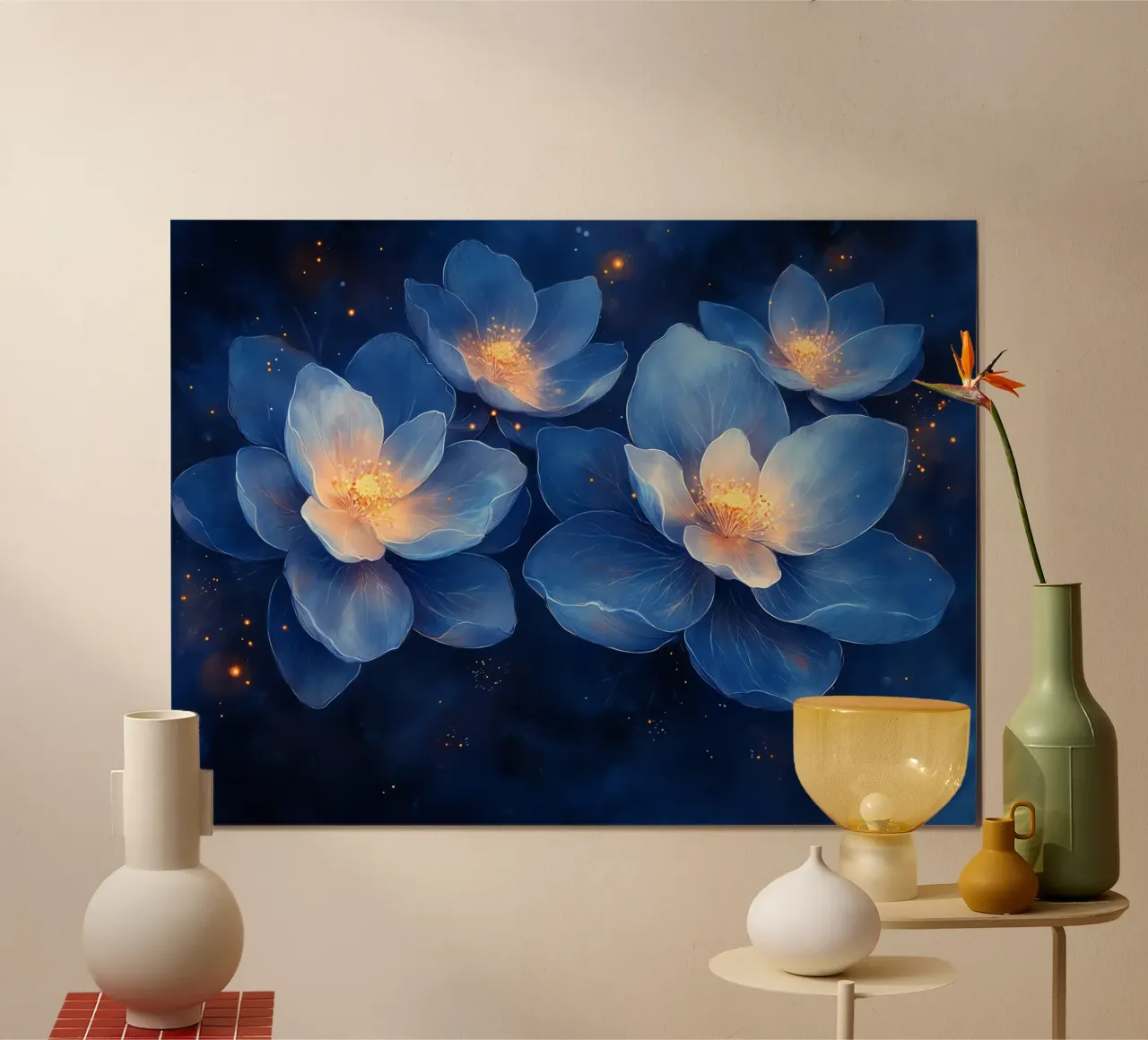 Fleurs d'Étoiles: blu e oro nella notte poster con telaio in legno da Théïa's Fantasia World