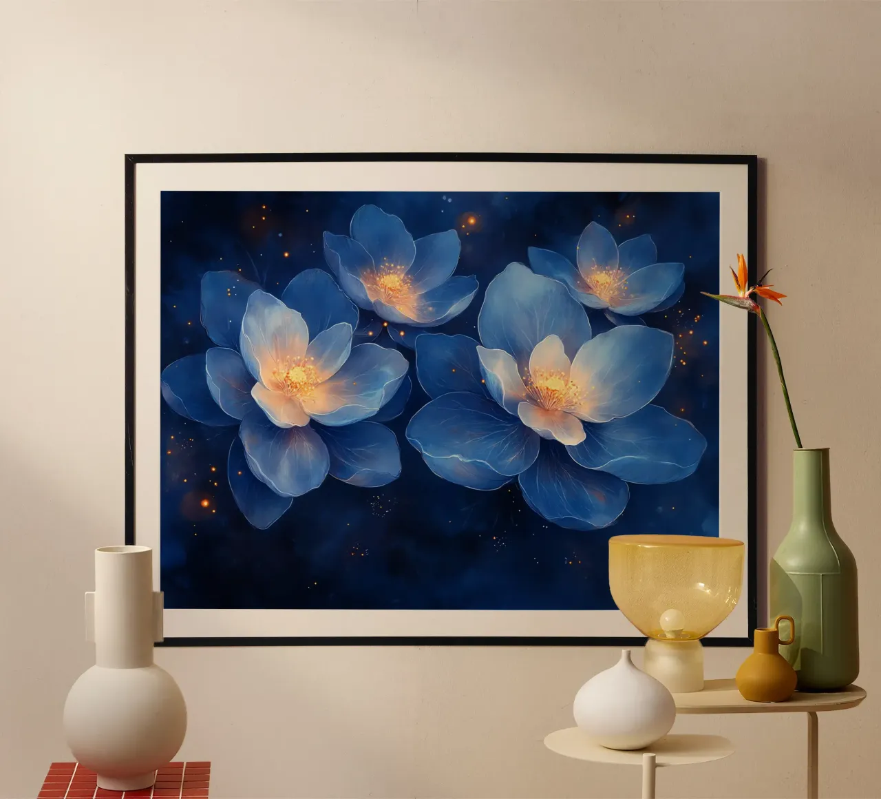 Fleurs d'Étoiles: blu e oro nella notte poster con telaio in legno da Théïa's Fantasia World
