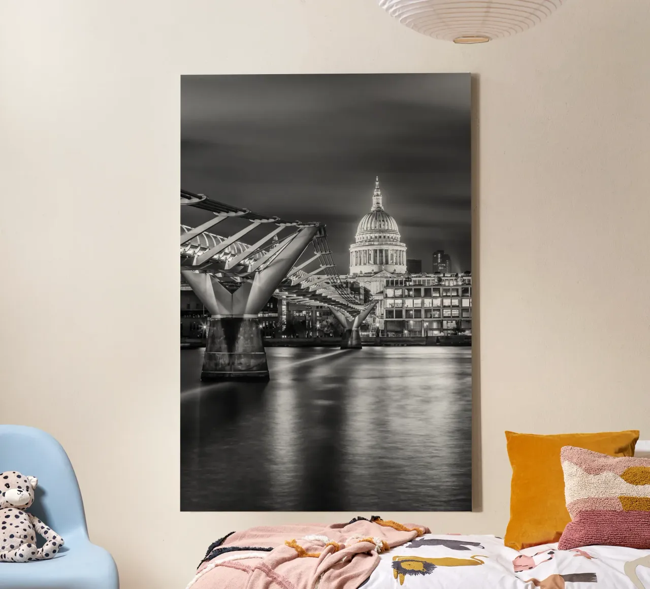 LONDON St Paul's in the glow of lights at night - monochrome canvas with Floater frame by Melanie Viola