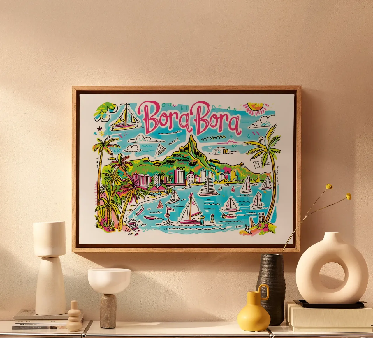 Poster di viaggio pop art tropicale sull'isola di Bora Bora tela con Cornice a cassetta da homdeco