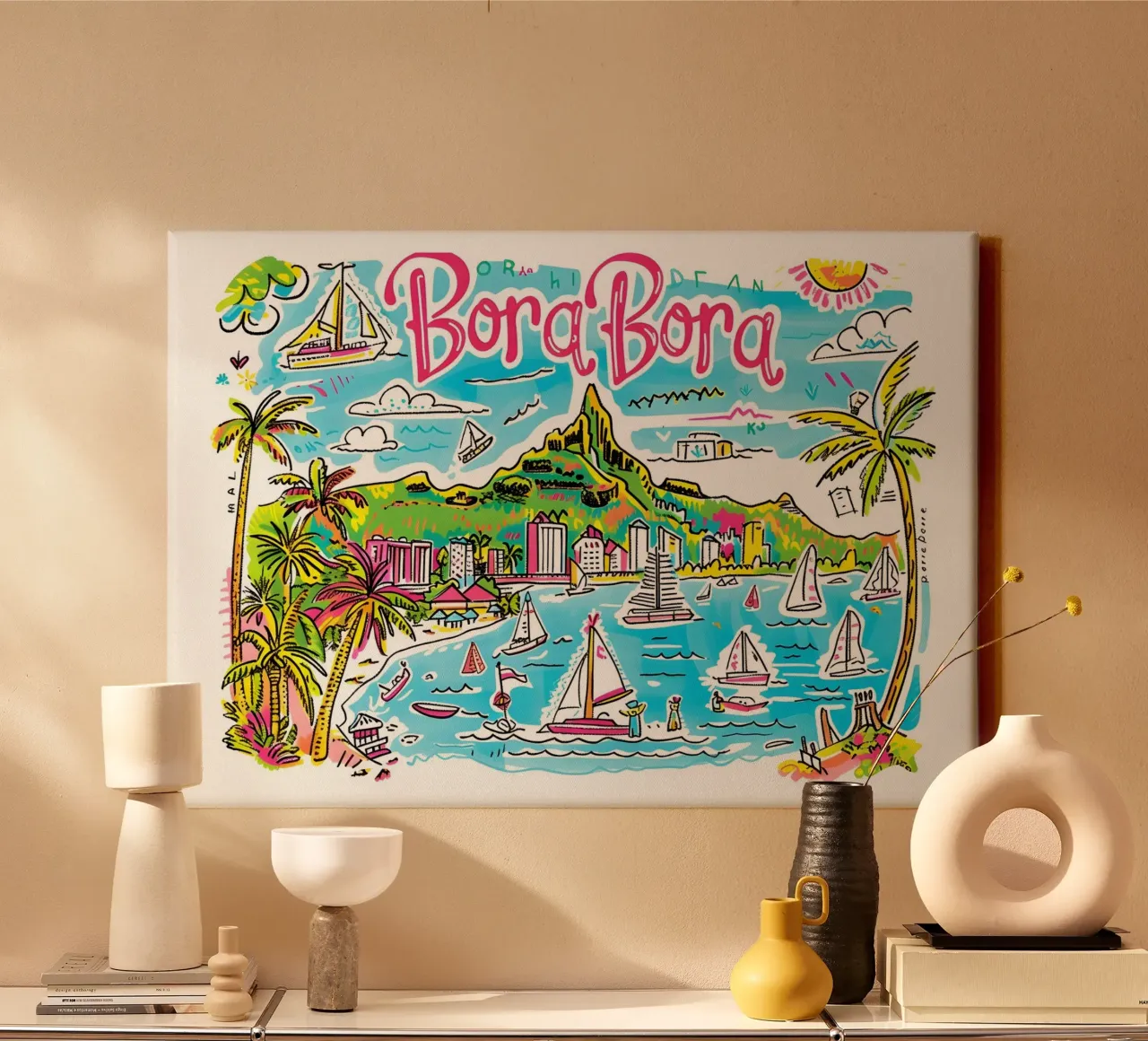 Poster di viaggio pop art tropicale sull'isola di Bora Bora tela con Cornice a cassetta da homdeco