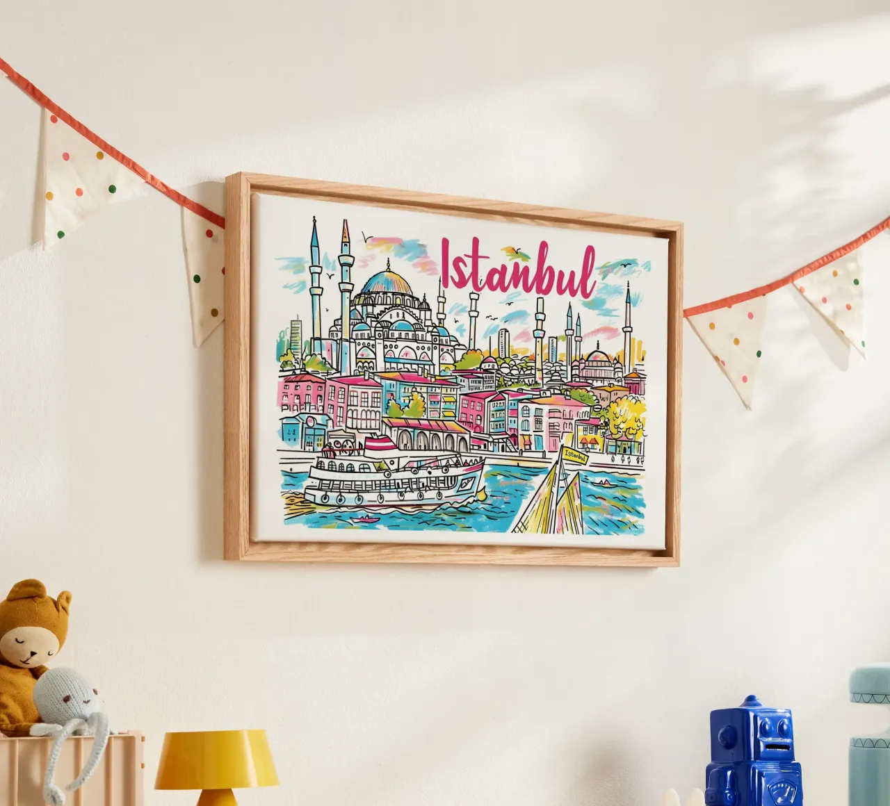 Levendige Istanbul Skyline | Pop Art Stadsgezicht Reis Poster canvas met Baklijst van homdeco