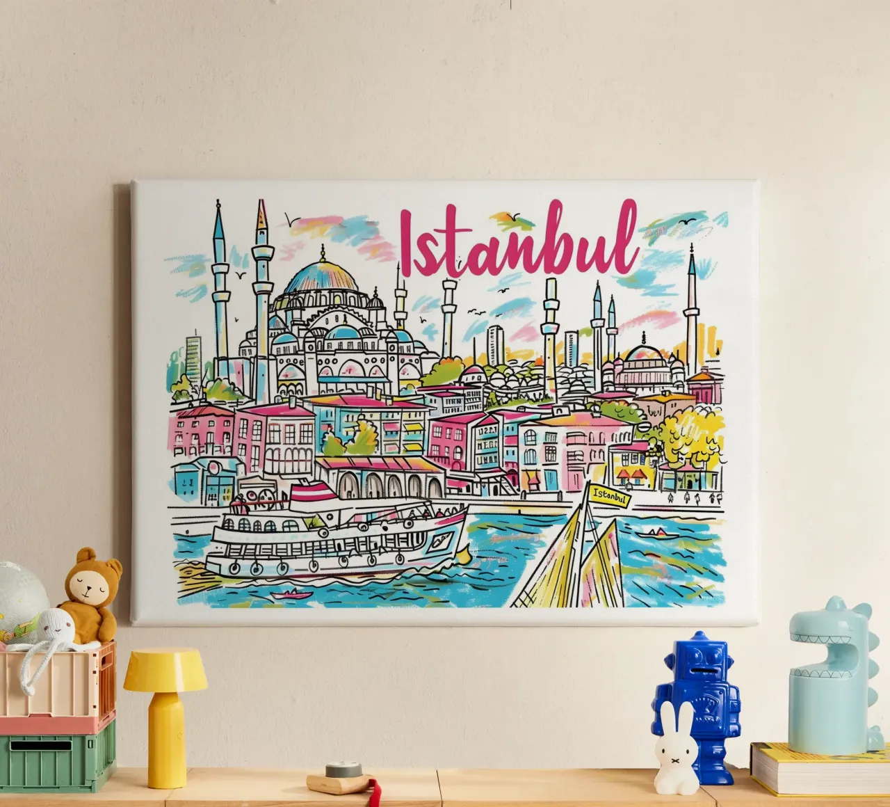 Levendige Istanbul Skyline | Pop Art Stadsgezicht Reis Poster canvas met Baklijst van homdeco