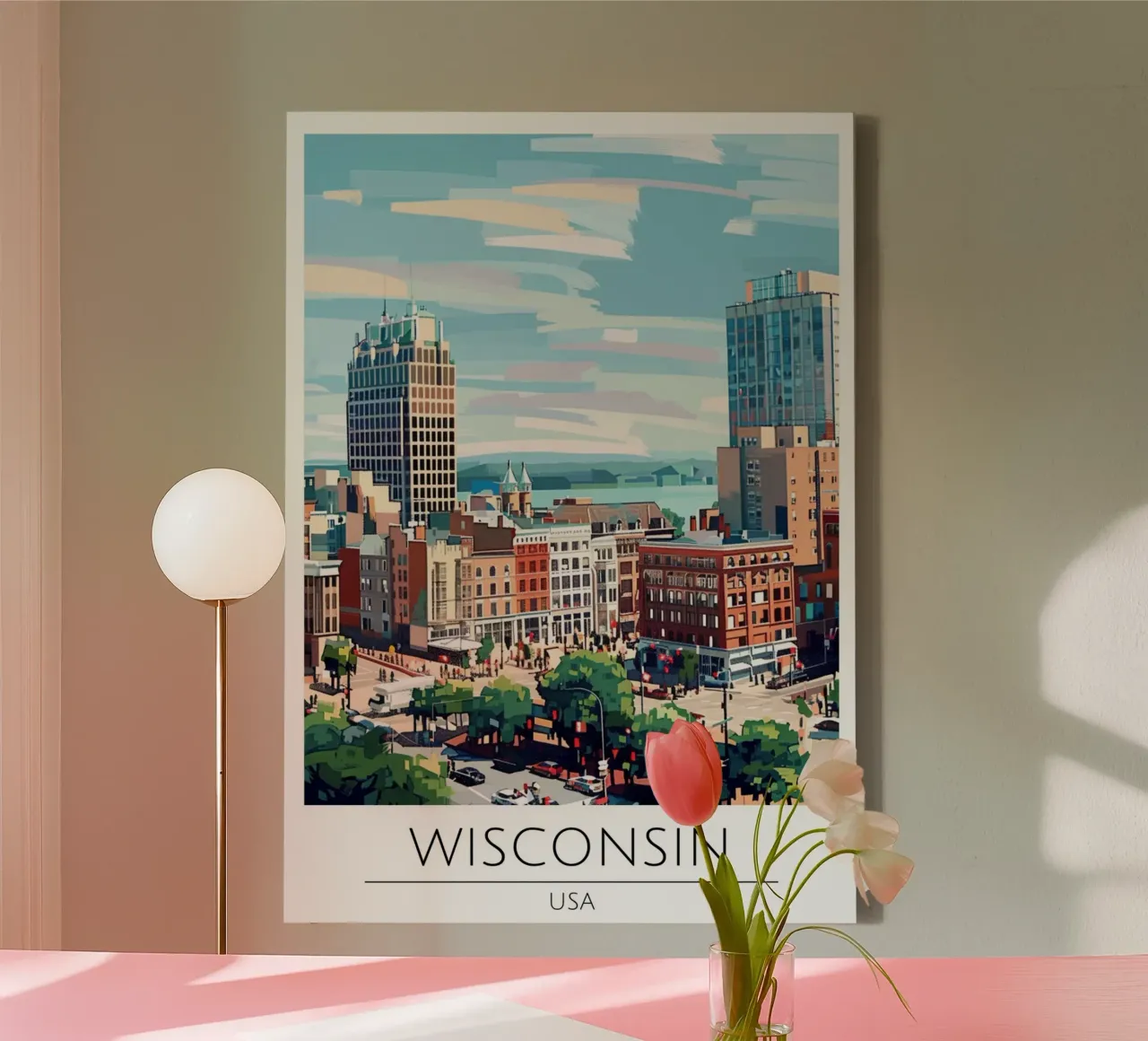 Paesaggio urbano del Wisconsin - Poster di viaggio moderno d'epoca tela con Cornice a cassetta da homdeco