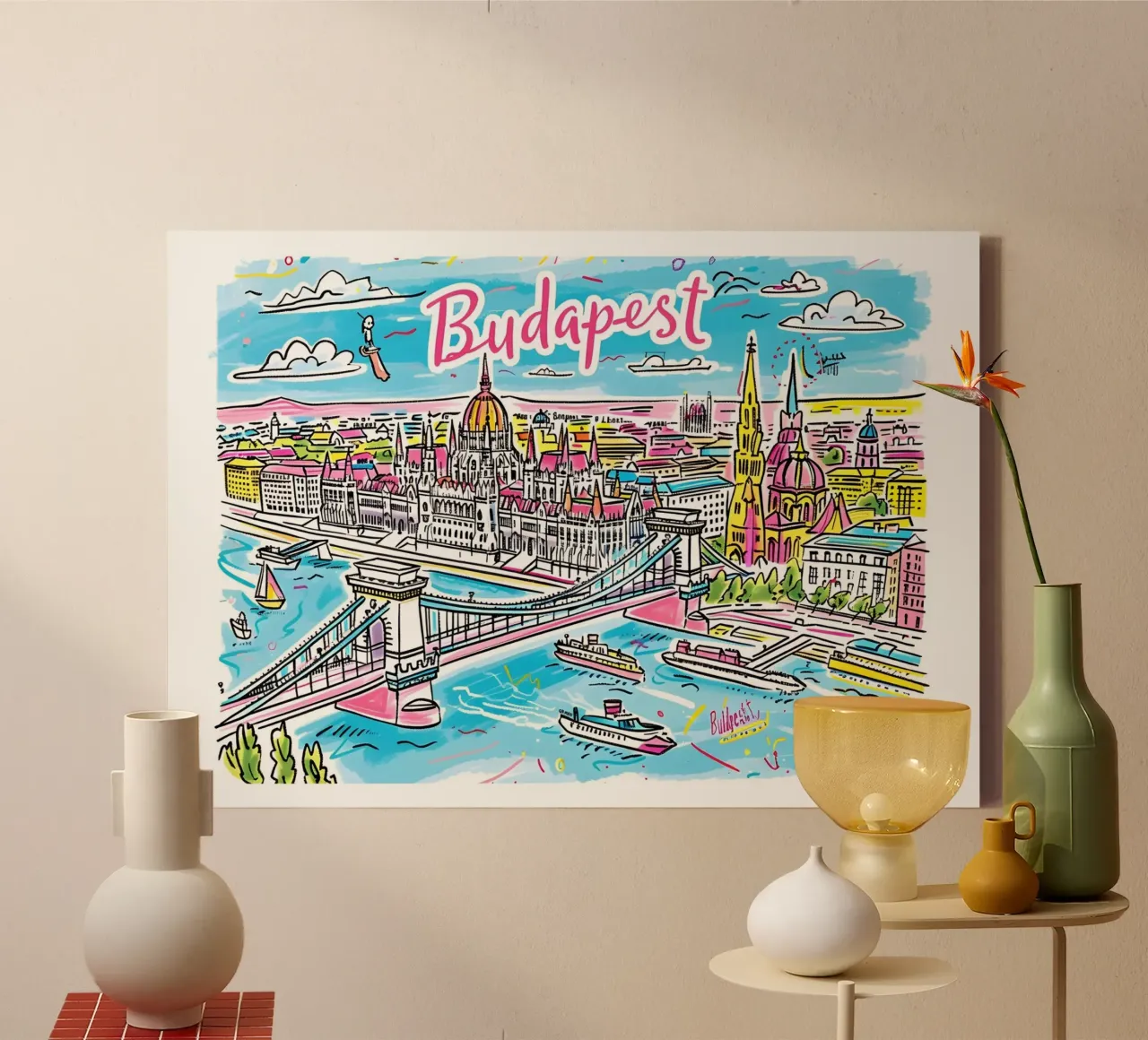 Bruisend Boedapest | Pop Art Reisposter canvas met Baklijst van homdeco