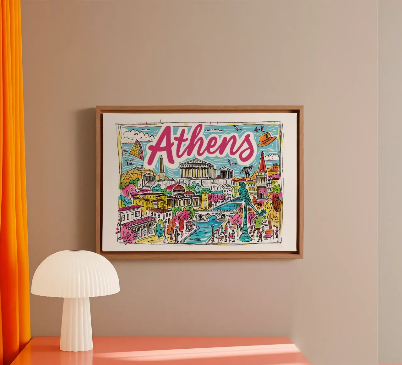 Poster di viaggio della Grecia con il profilo storico di Atene e la sua arte pop tela con Cornice a cassetta da homdeco