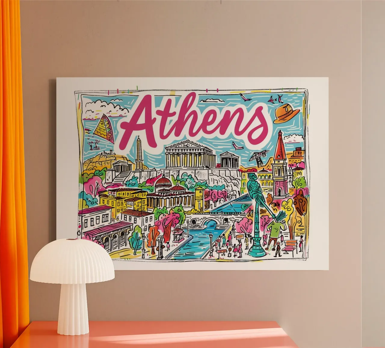 Poster di viaggio della Grecia con il profilo storico di Atene e la sua arte pop tela con Cornice a cassetta da homdeco
