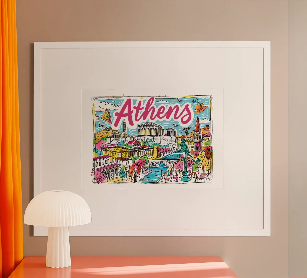 Poster di viaggio della Grecia con il profilo storico di Atene e la sua arte pop poster da homdeco