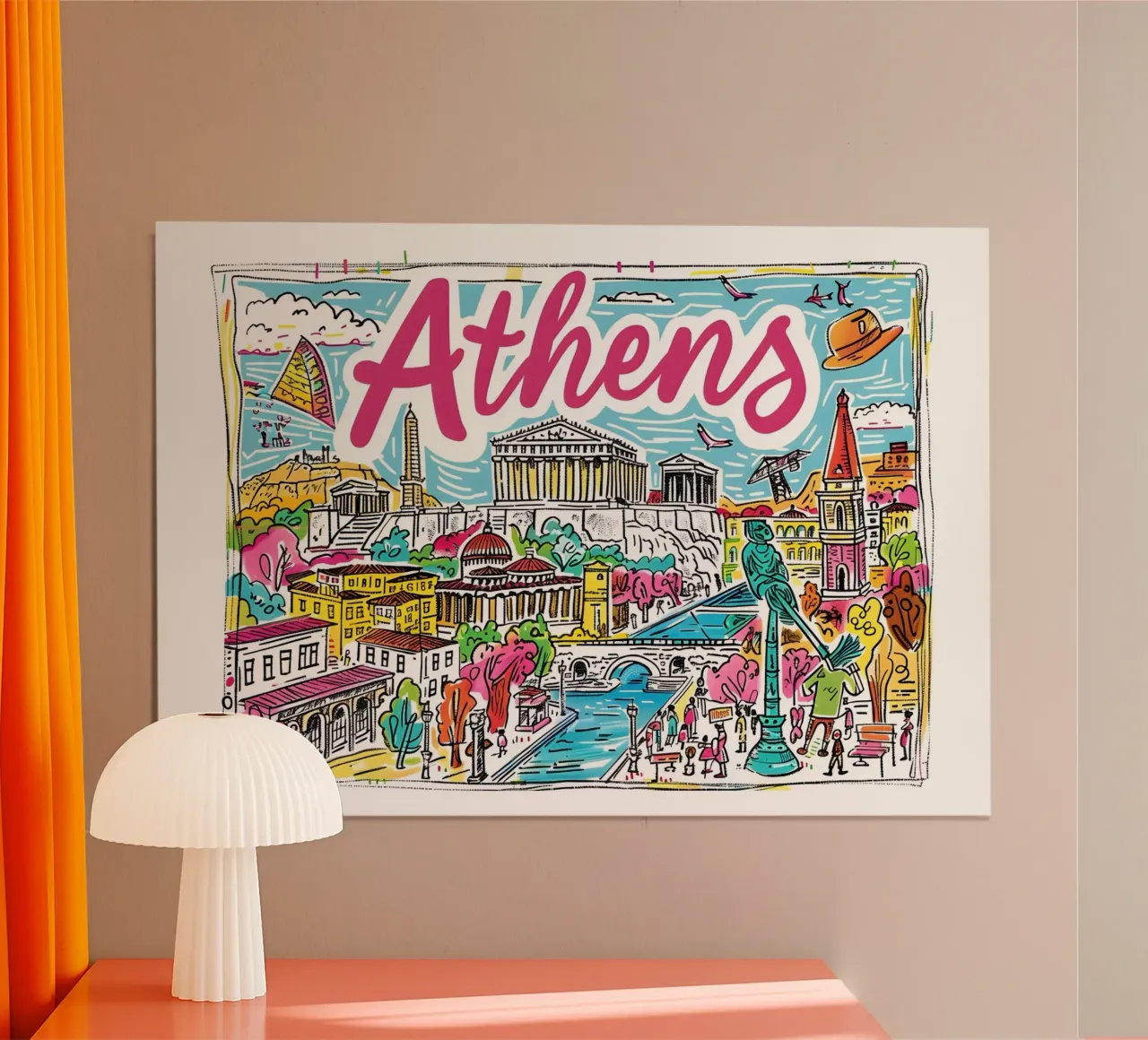 Poster di viaggio della Grecia con il profilo storico di Atene e la sua arte pop poster da homdeco