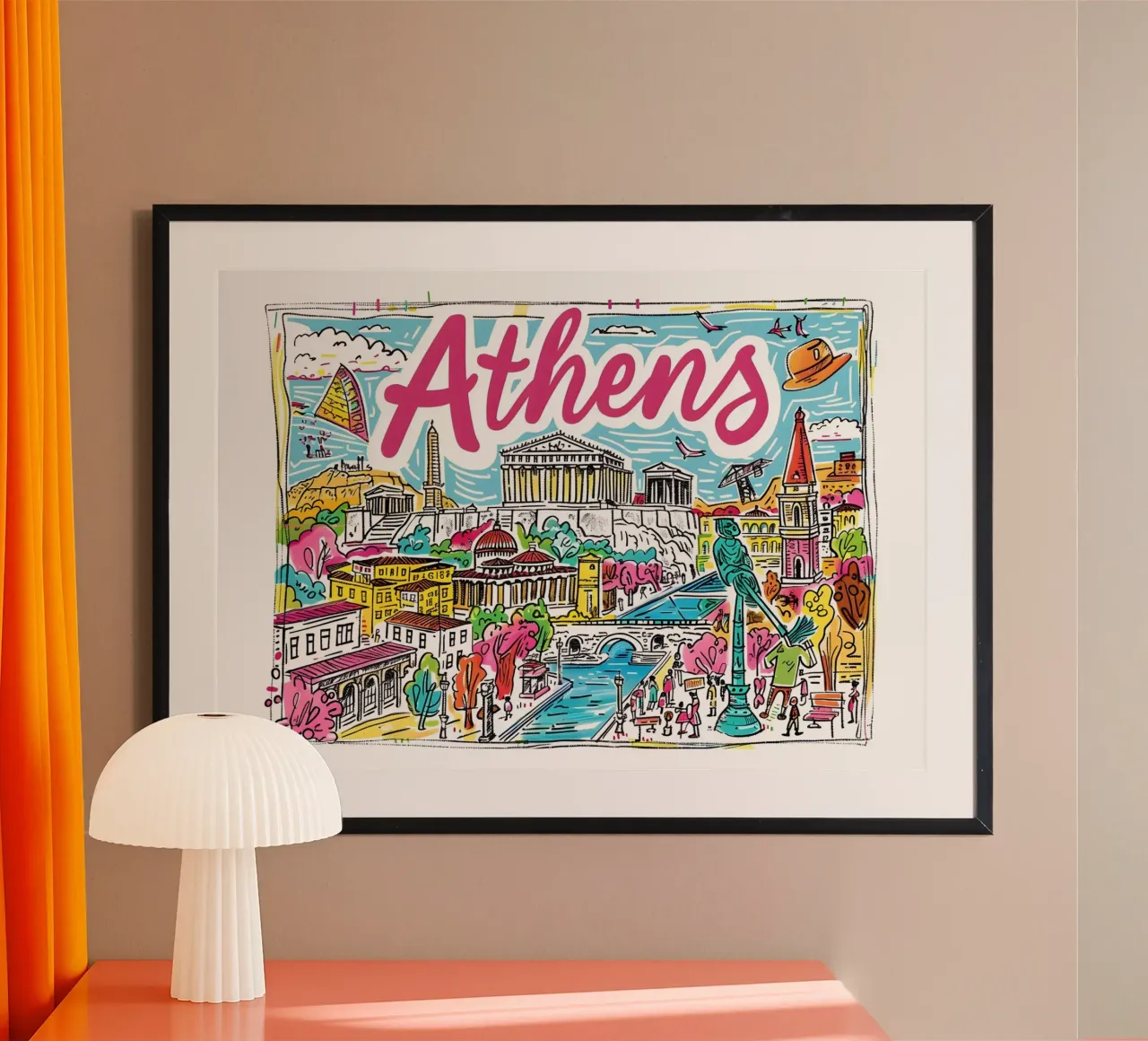 Poster di viaggio della Grecia con il profilo storico di Atene e la sua arte pop poster da homdeco