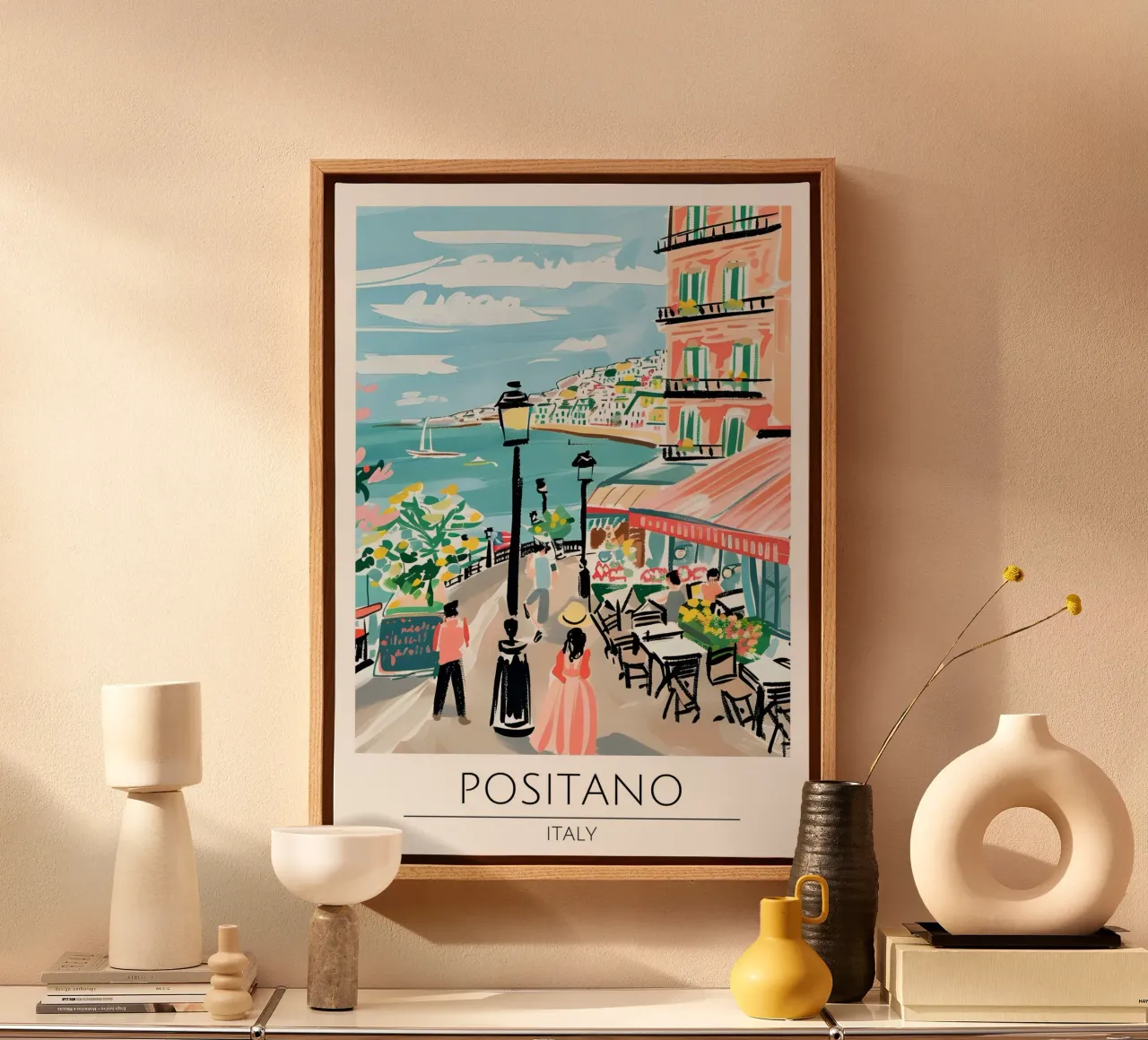 Positano Italië | Retro Kuststad Reisposter canvas met Baklijst van homdeco