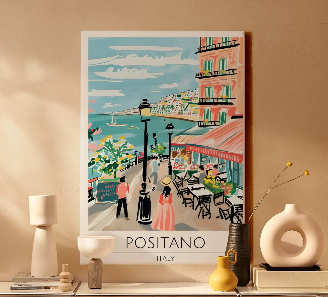 Positano Italië | Retro Kuststad Reisposter canvas met Baklijst van homdeco