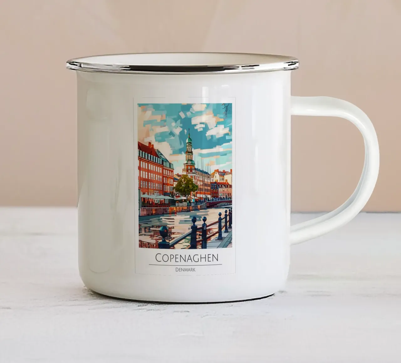 Copenaghen Danimarca | Poster moderno d'epoca con paesaggio urbano tazza in smalto da homdeco