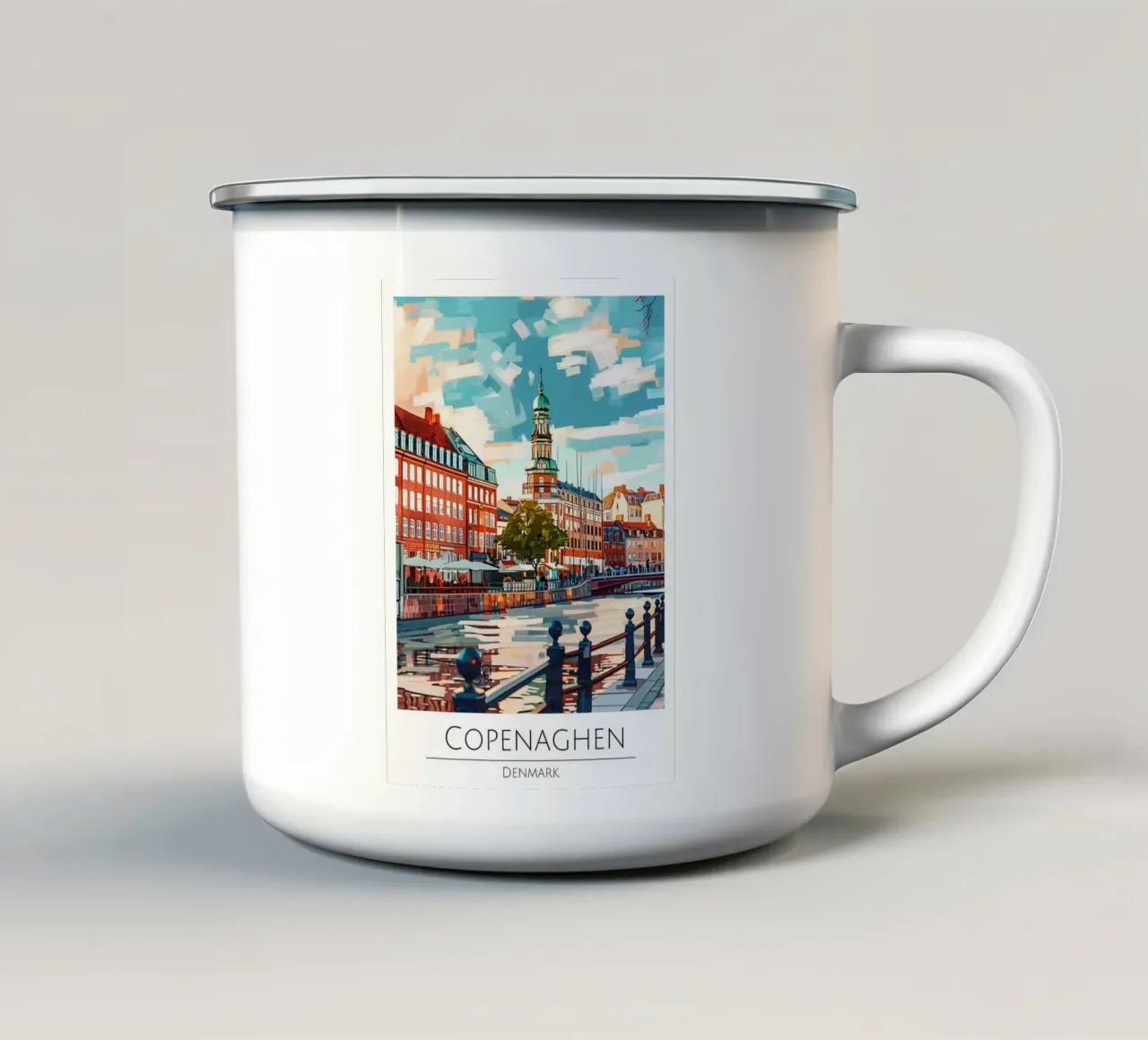 Copenaghen Danimarca | Poster moderno d'epoca con paesaggio urbano tazza in smalto da homdeco