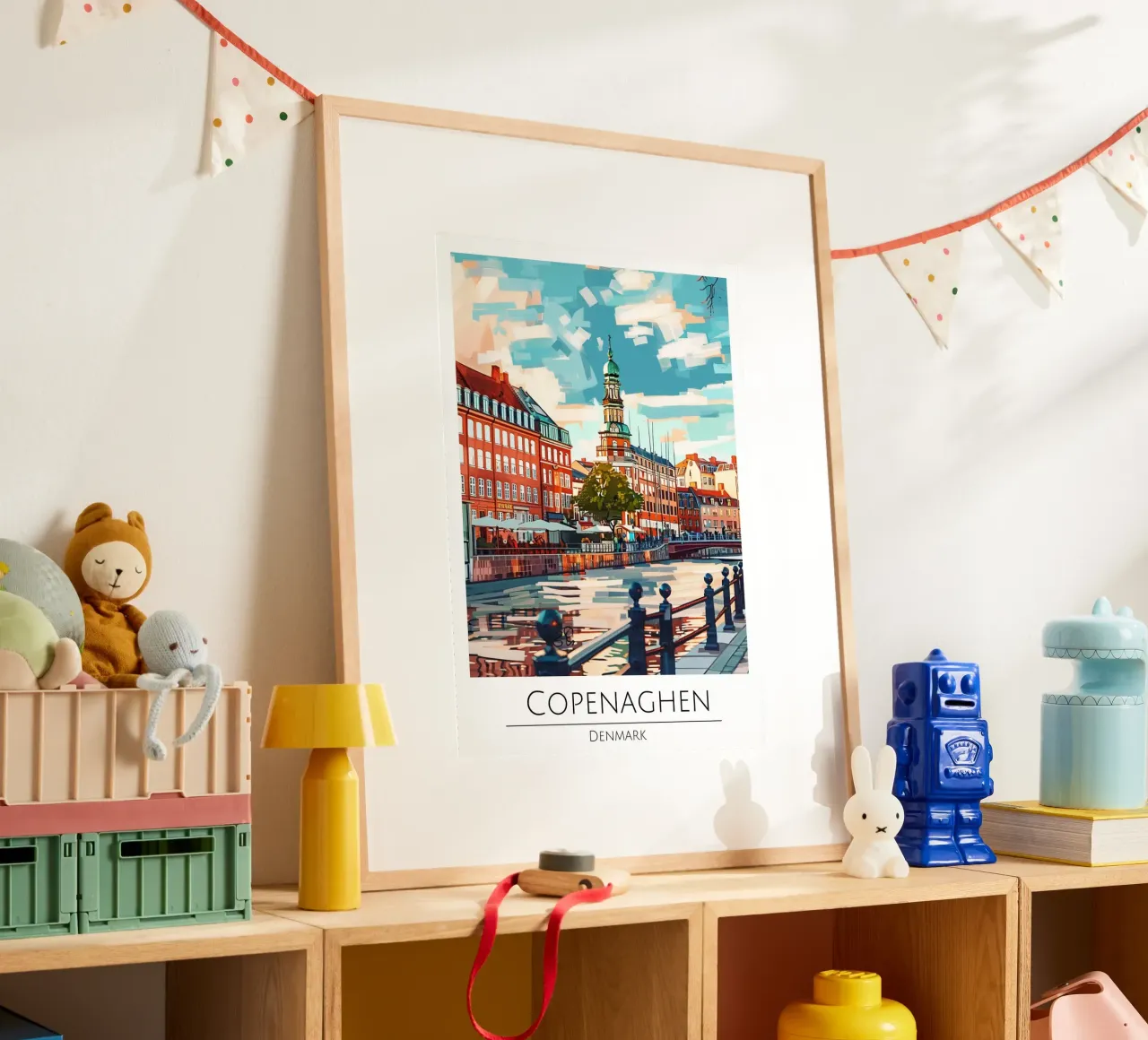 Copenaghen Danimarca | Poster moderno d'epoca con paesaggio urbano poster con telaio in plastica da homdeco
