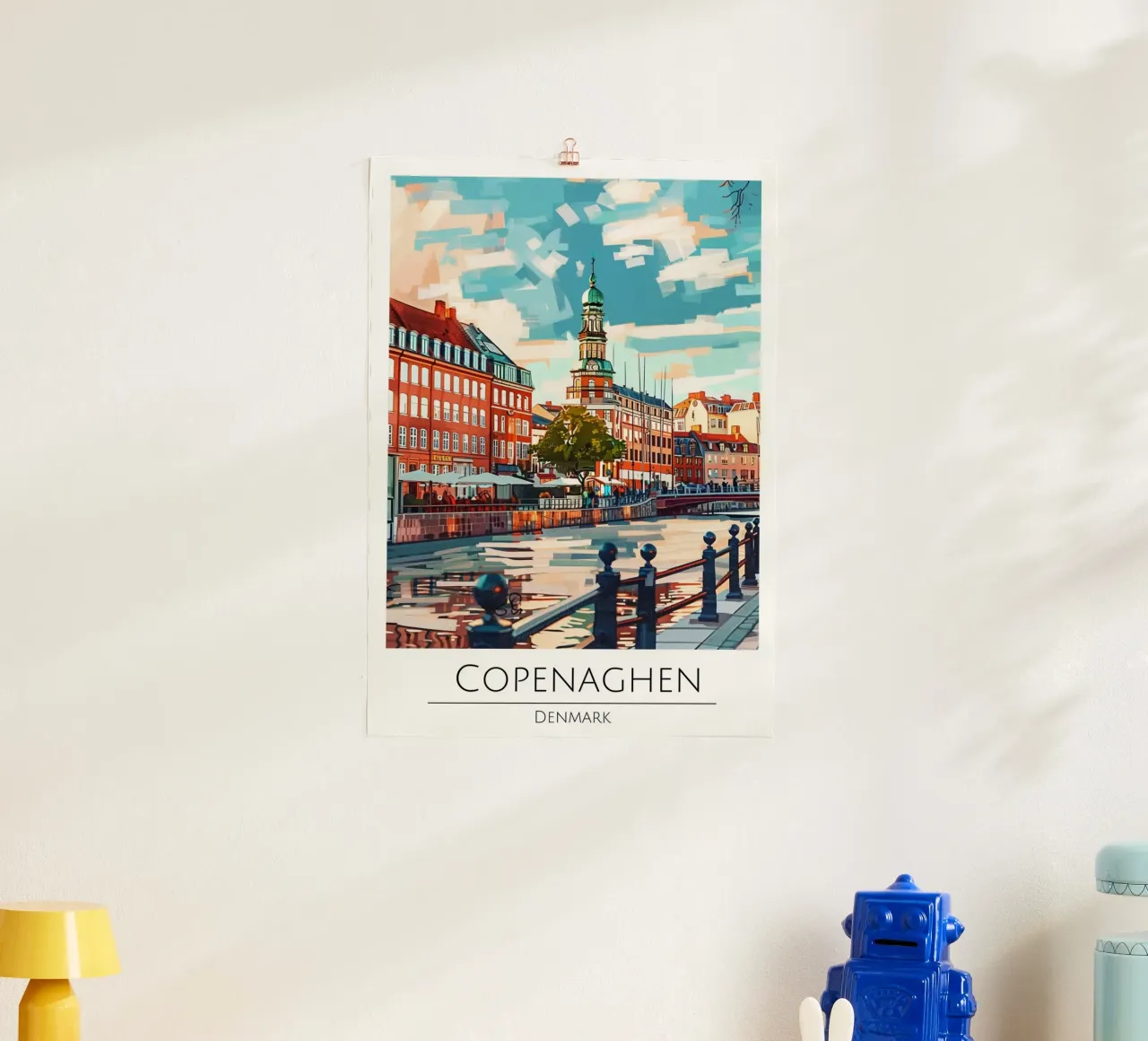 Copenaghen Danimarca | Poster moderno d'epoca con paesaggio urbano poster con telaio in plastica da homdeco