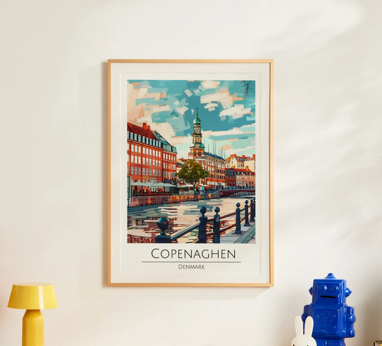 Copenaghen Danimarca | Poster moderno d'epoca con paesaggio urbano poster con telaio in plastica da homdeco